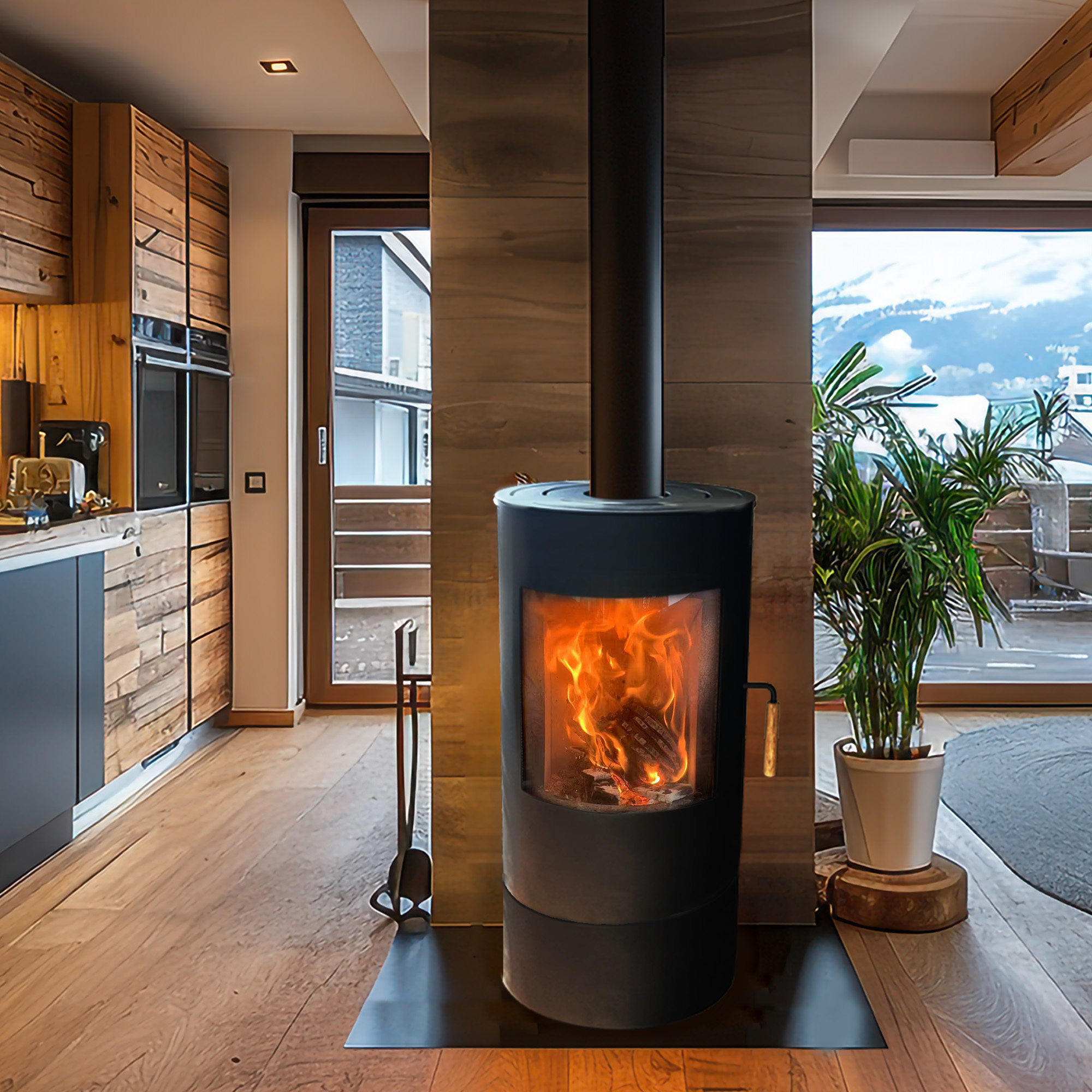 Un interior moderno con una chimenea encendida. La habitación tiene gabinetes y pisos de madera. Una planta está cerca de la ventana.