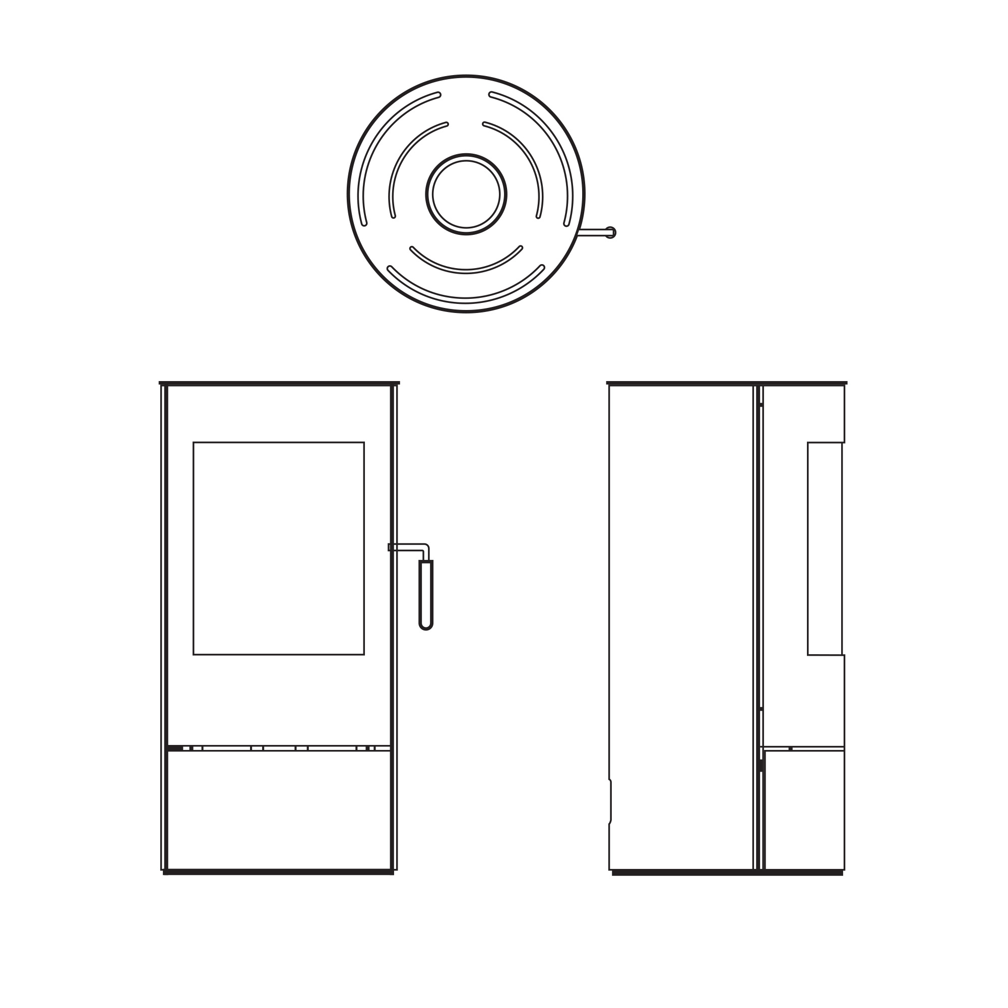 Technische tekening van een kachel. Bovenaanzicht toont een cirkelvormig element. Voor- en zijaanzicht tonen een rechthoekig ontwerp.