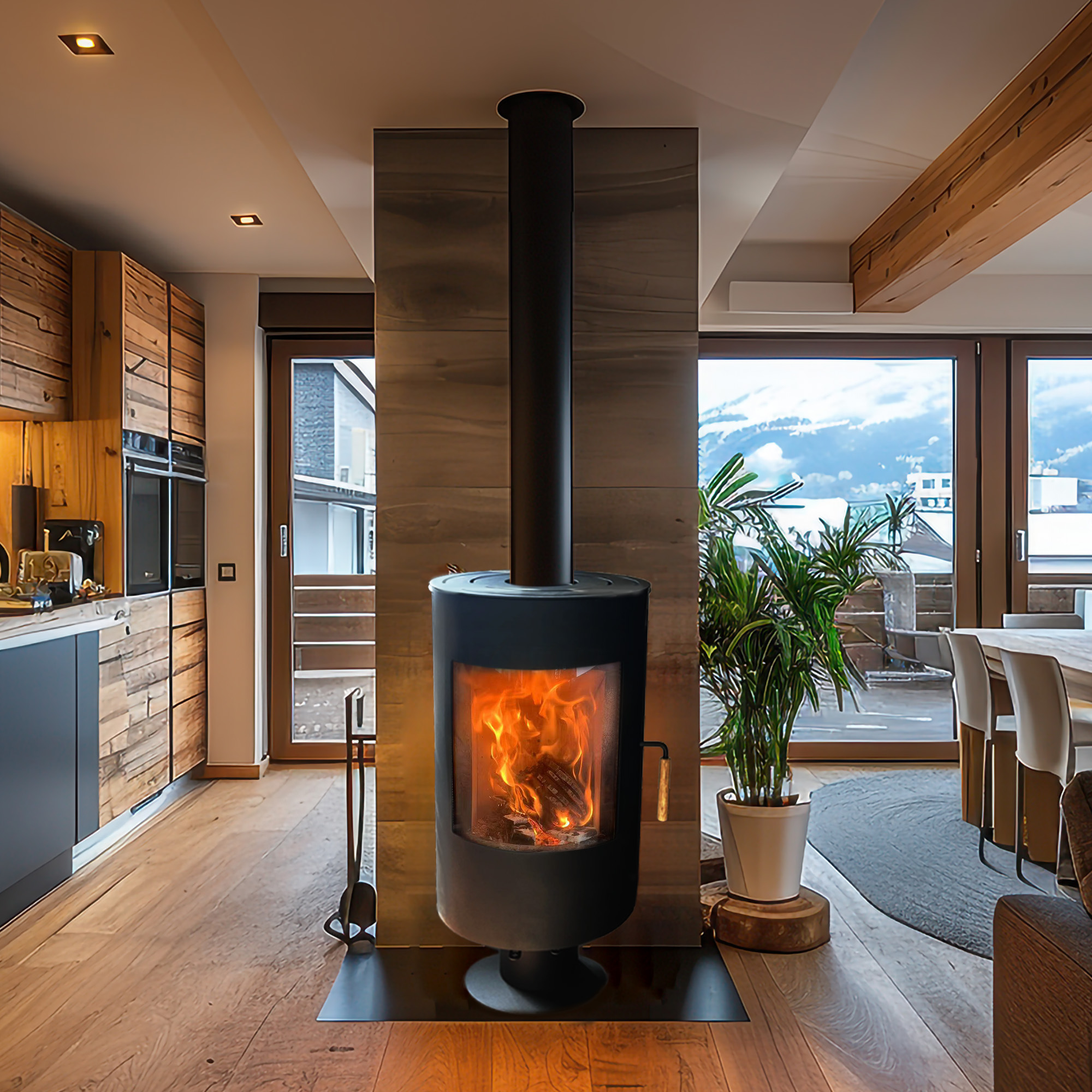 Een moderne woonkamer met een brandende open haard, houten kasten en grote ramen met uitzicht op de bergen.