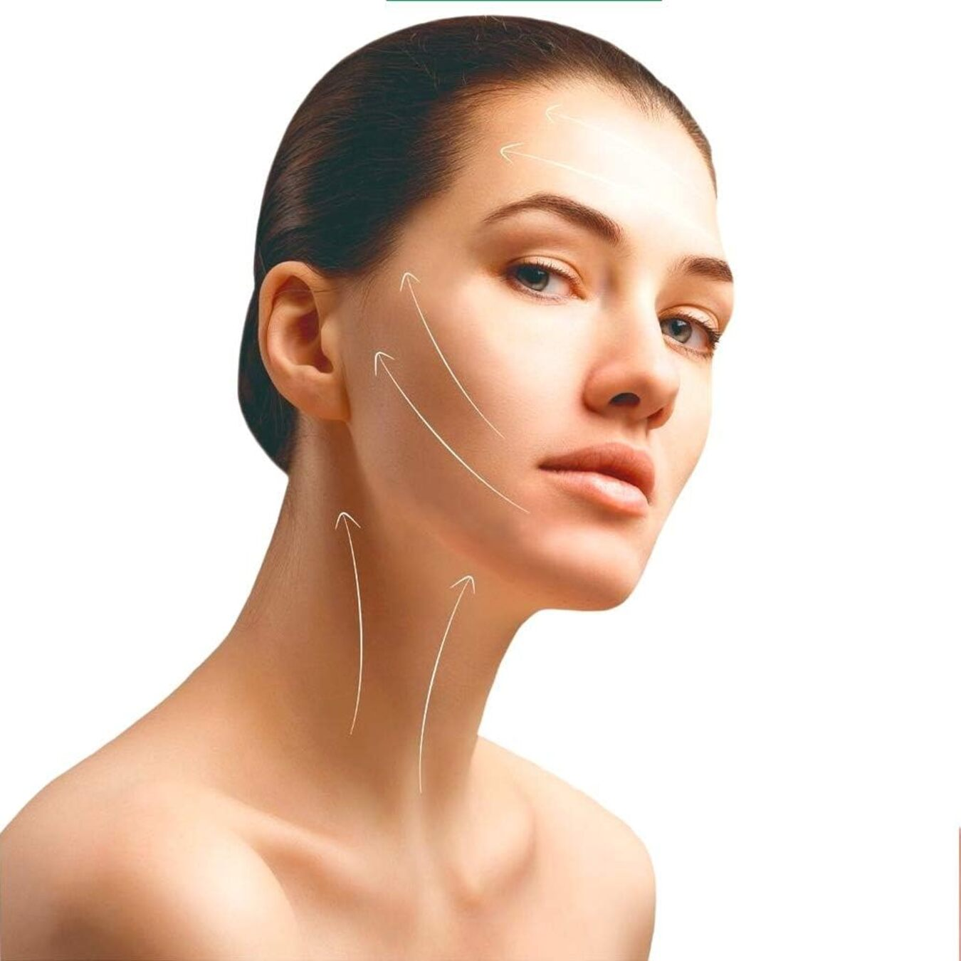 Cara de mujer con líneas que indican áreas para tratamientos cosméticos, sobre fondo blanco.