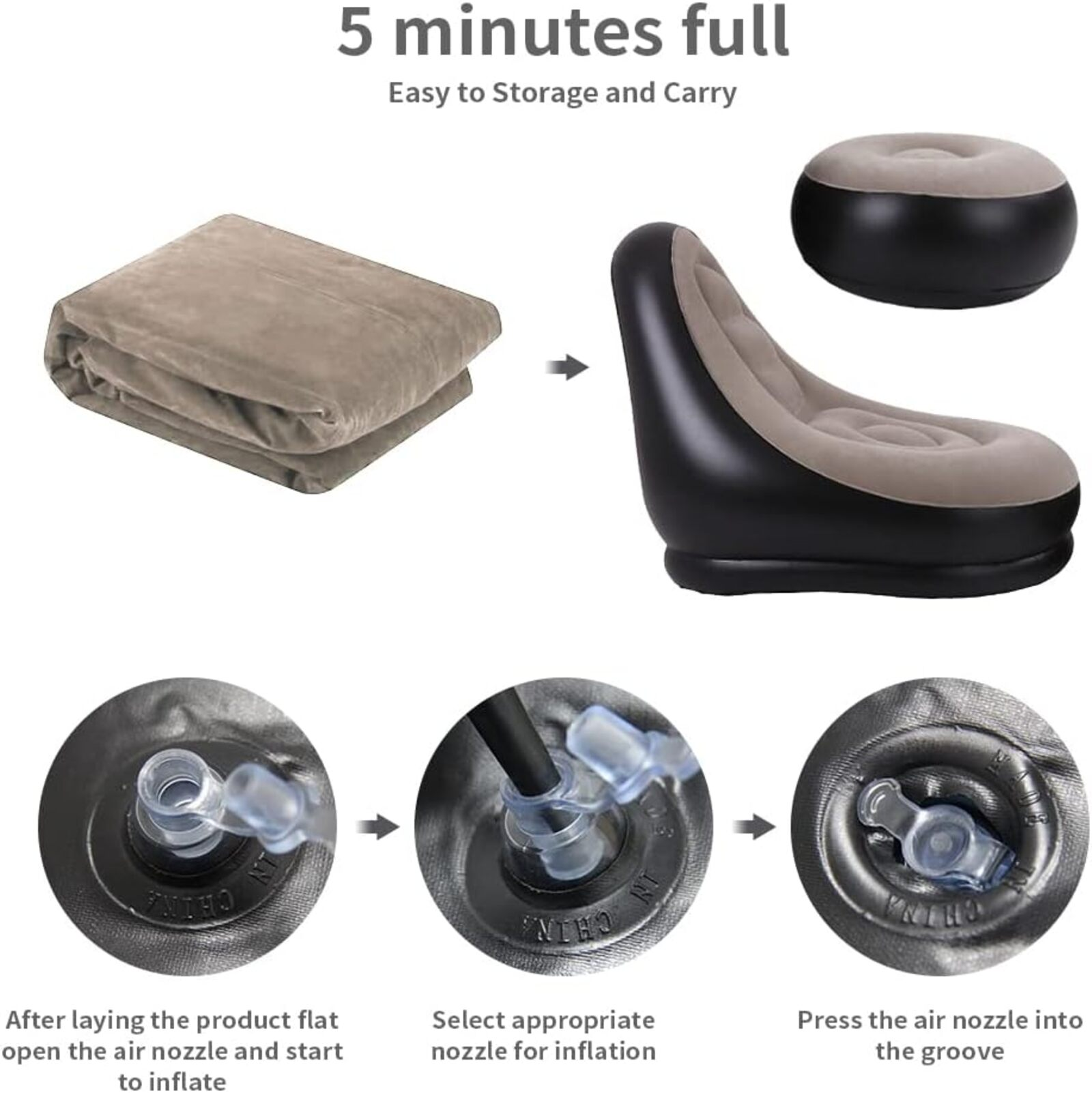 Una manta, una silla inflable y los pasos para inflarla. Texto: 5 minutos completos.