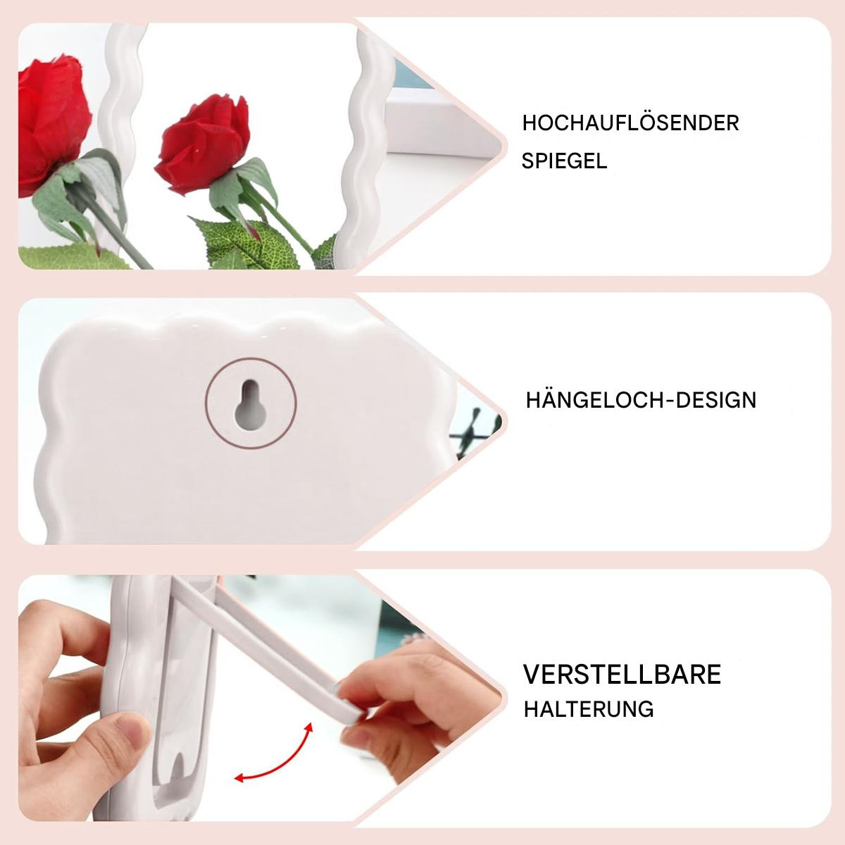 Nahaufnahme eines weißen Spiegels mit roten Rosen und Details des verstellbaren Halters.