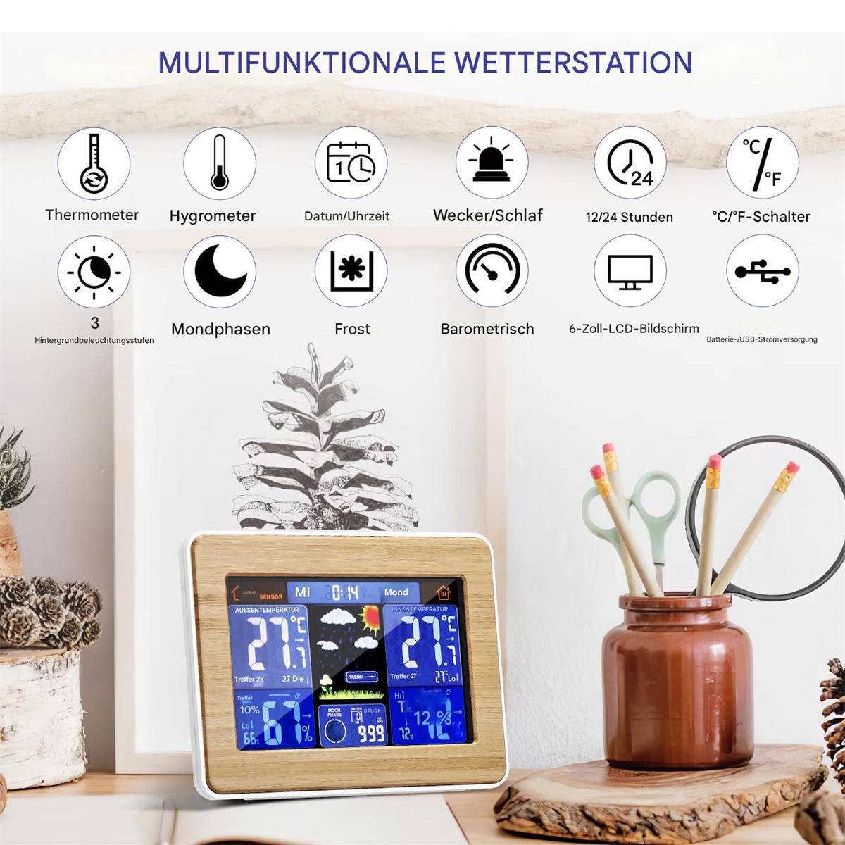 Multifunktionale Wetterstation mit mehreren Anzeigesymbolen, Holzrahmen, mit Dekoration.