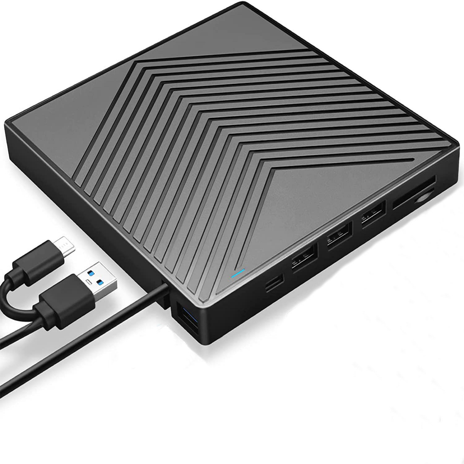 Ein schwarzes Gerät mit USB- und anderen Anschlüssen ist abgebildet. Die Oberseite hat ein strukturiertes Design.