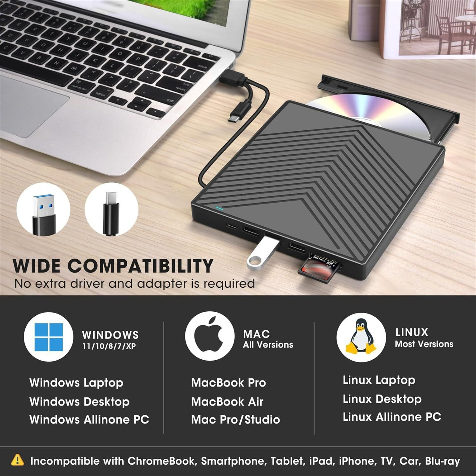 Laptop mit externem CD/DVD-Laufwerk verbunden, mit Kompatibilitäts-Symbolen für Windows, Mac und Linux.
