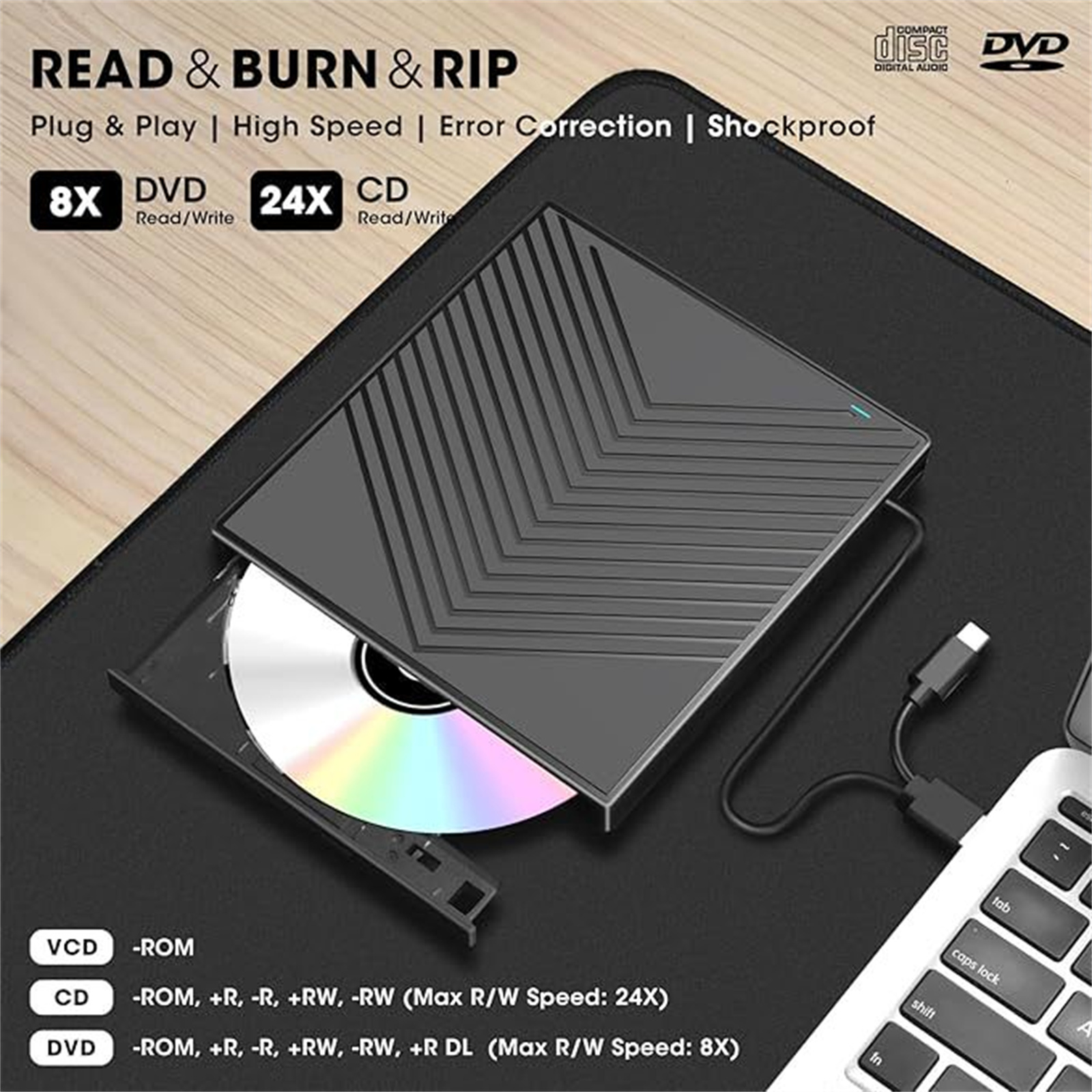 Schwarzes DVD/CD-Laufwerk mit eingelegter Disc und Text: Read & Burn & Rip. Es ist mit einem Laptop verbunden.