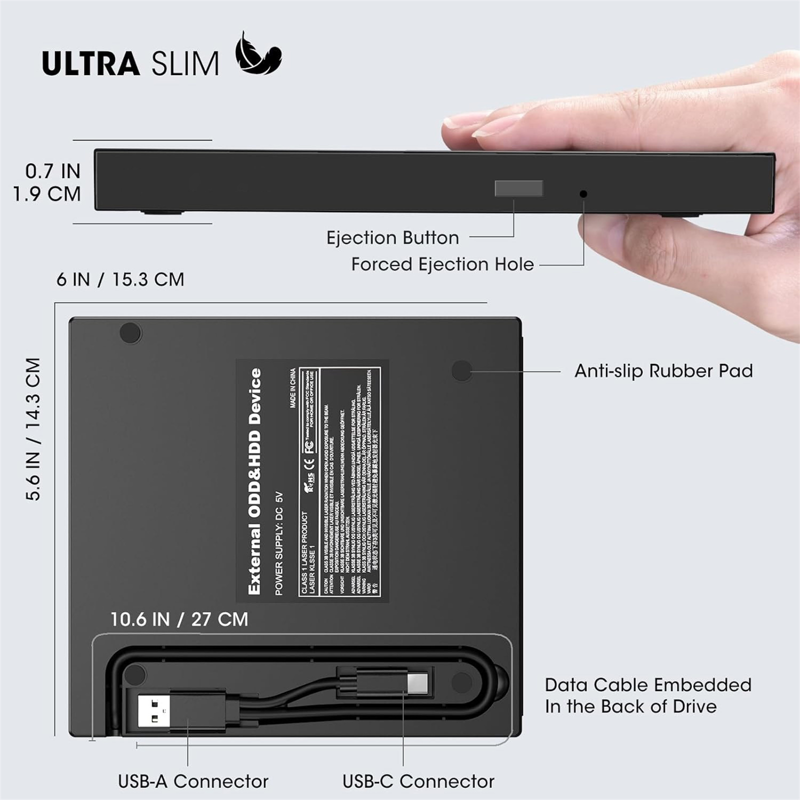 Externes ODD & HDD-Gerät, schwarz, mit USB-Anschlüssen und Maßangaben.
