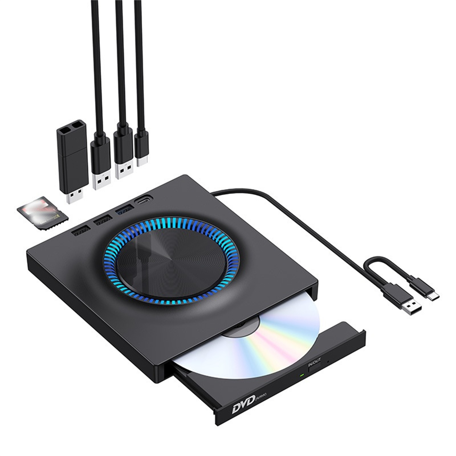 Ein schwarzes DVD-Laufwerk mit einer silbernen Disc im Inneren, USB-Kabel und anderes Zubehör werden gezeigt.