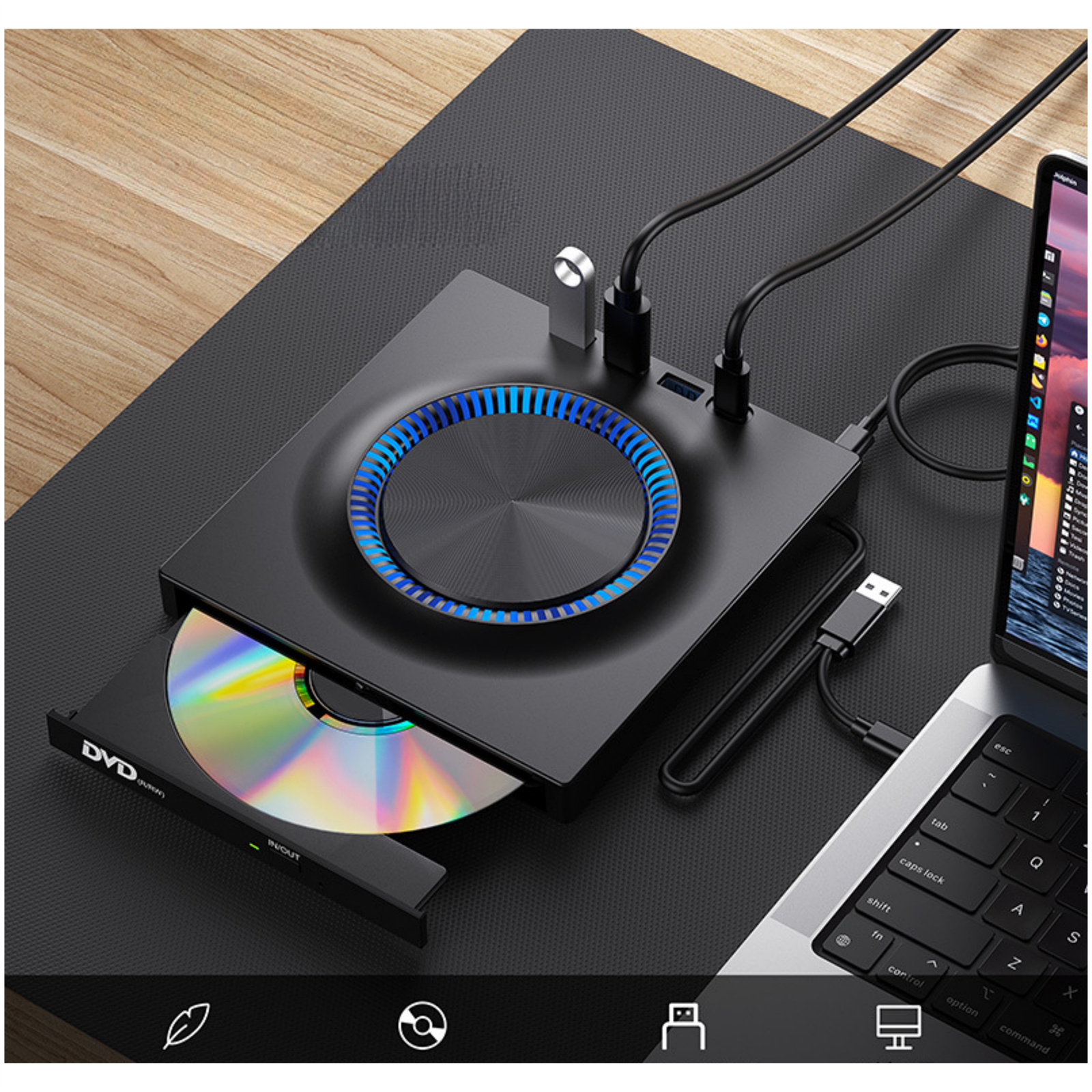 Schwarzes DVD-Laufwerk mit CD, an Laptop angeschlossen.