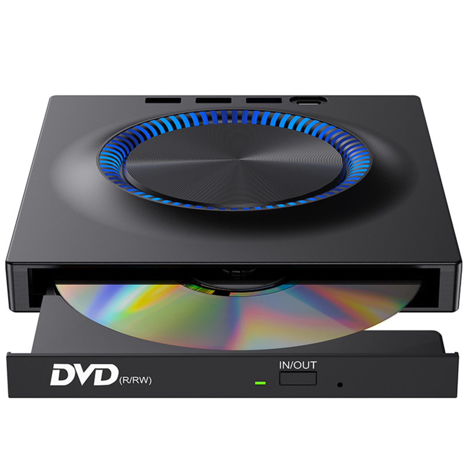 Schwarzes DVD-Laufwerk mit CD in geöffnetem Fach, das blaues Licht ausstrahlt.