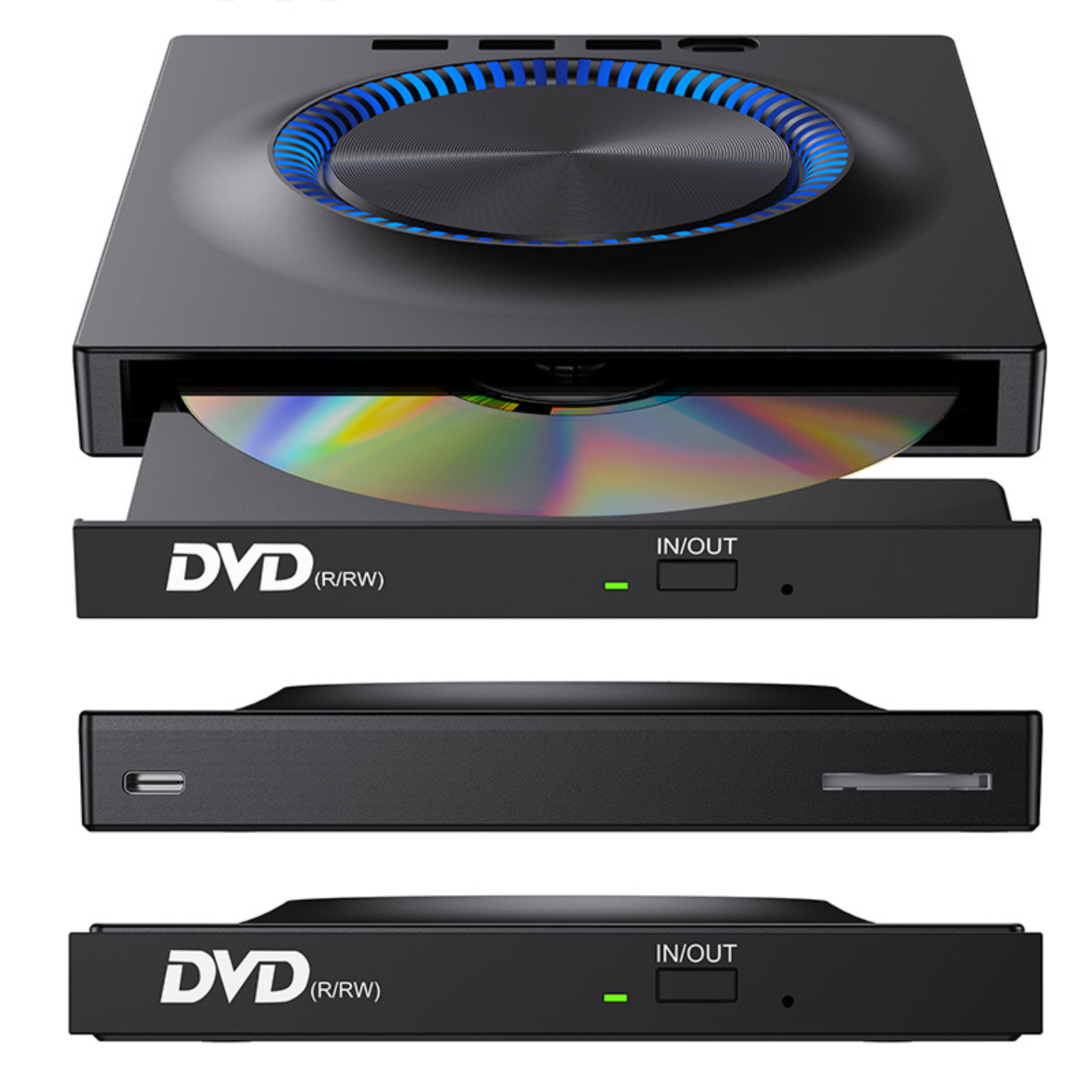 Schwarzes DVD-Laufwerk mit offenem Fach und einer Disc, plus zwei weitere Einheiten darunter gestapelt.