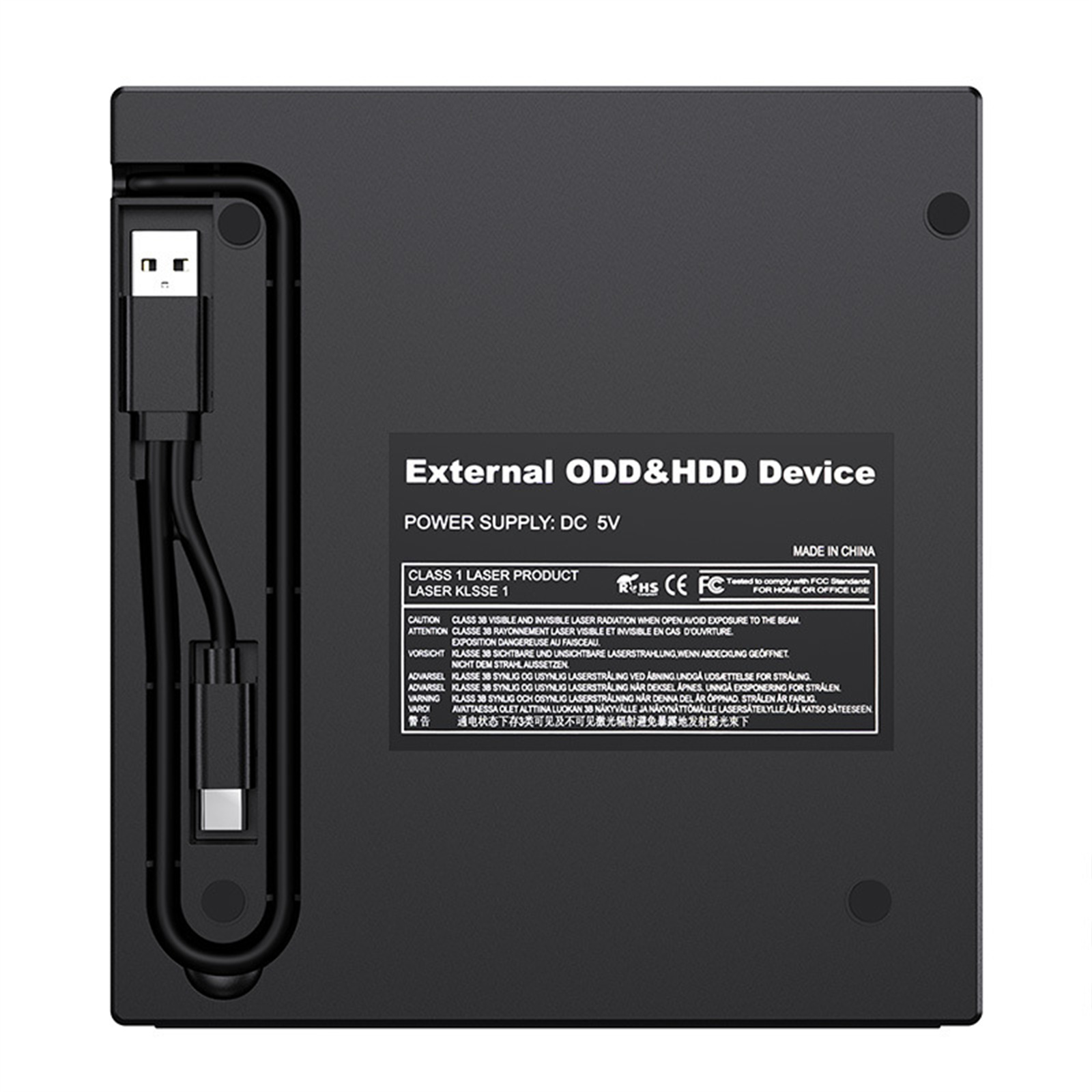 Schwarzes externes HDD-Gerät. USB-Kabel und Anschlüsse befinden sich unten. Text: 'External ODD&HDD Device'.