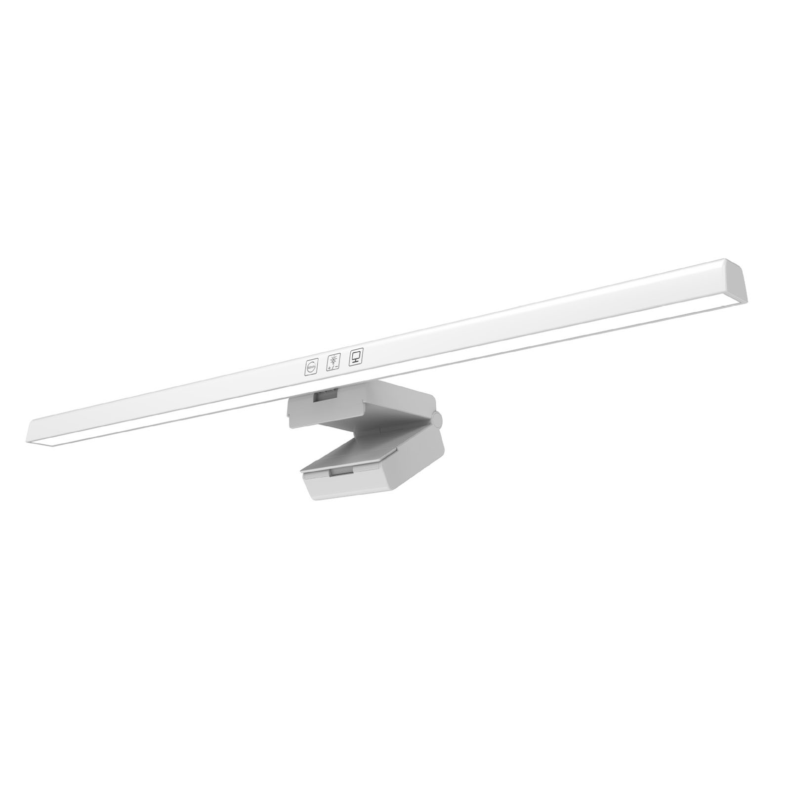 Weiße LED-Schreibtischlampe mit einem langen Lichtbalken und einem Clip zum Befestigen.