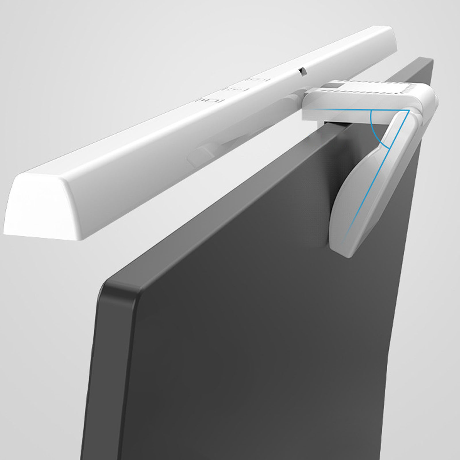 Weiße Monitorleuchte mit flexiblem Arm, der an einem Monitor befestigt ist.