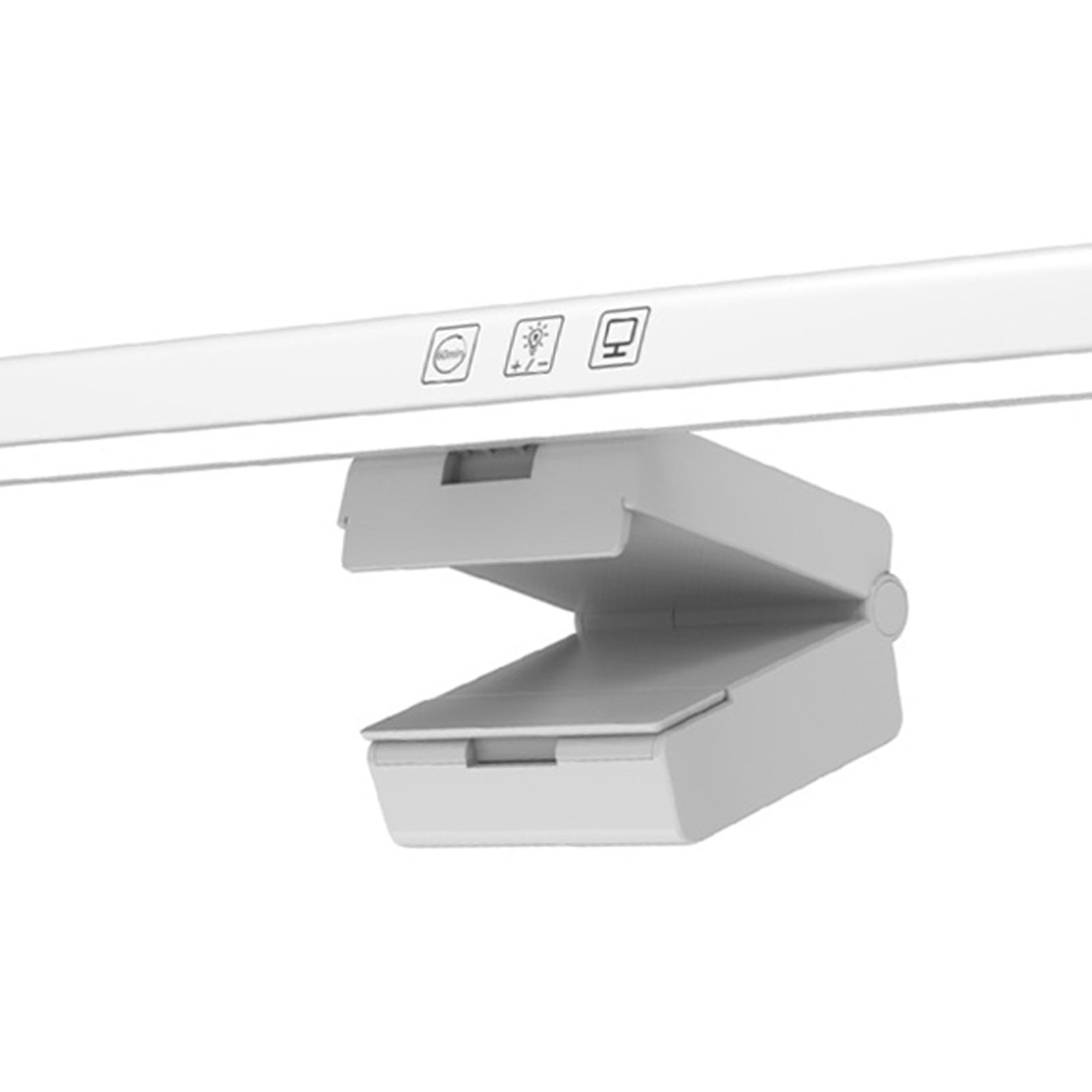 Weiße Schreibtischlampe mit Bedienelementen. Sie ist an einer weißen Oberfläche montiert.