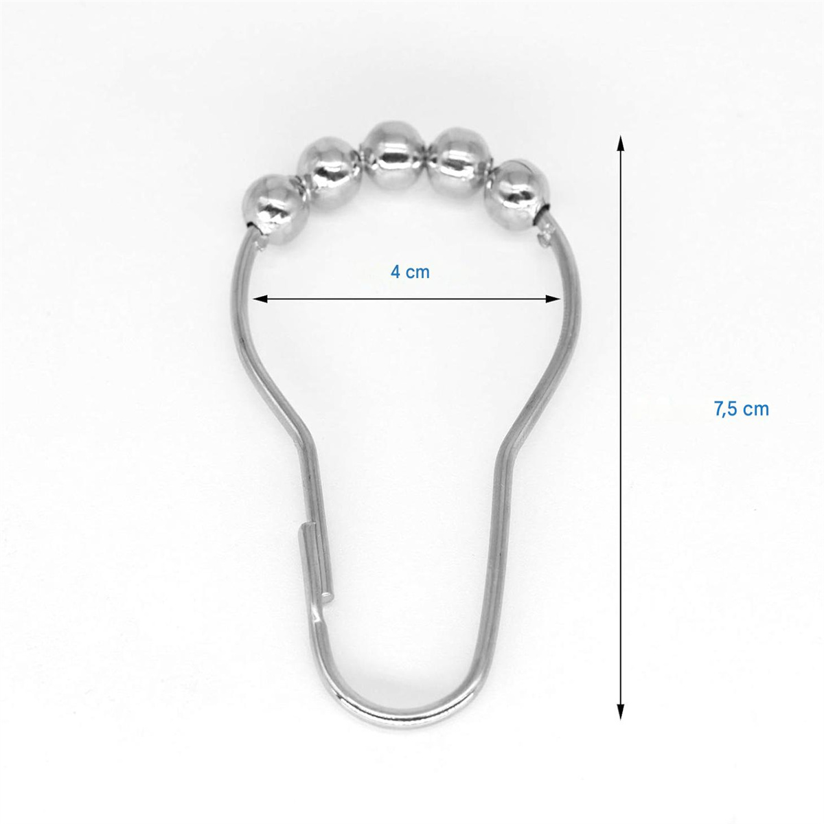 Duschvorhanghaken aus Metall mit Kugellagern. Maße: 4 cm breit, 7,5 cm lang.