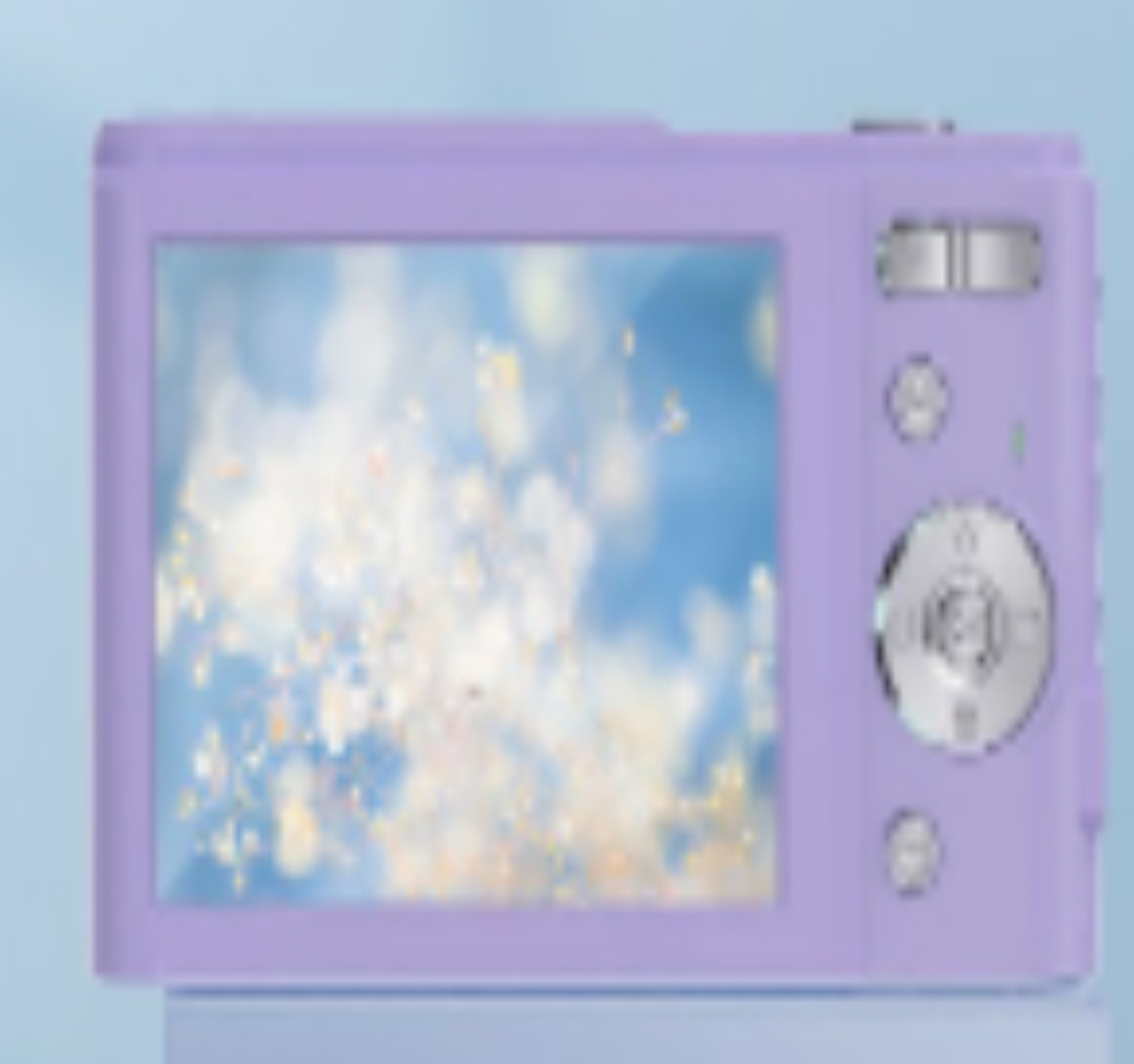 Rückseite einer lila Digitalkamera mit Display, das ein verschwommenes, abstraktes Bild vor blauem Hintergrund zeigt.