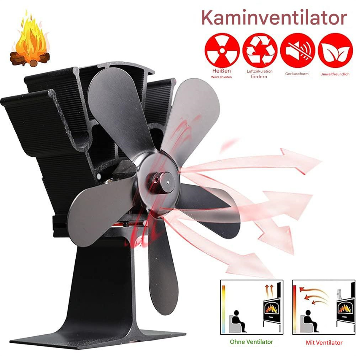 Schwarzer Kaminventilator mit Flügeln, einem Herd und Richtungspfeilen, die den Luftstrom anzeigen. Feuersymbol sichtbar.