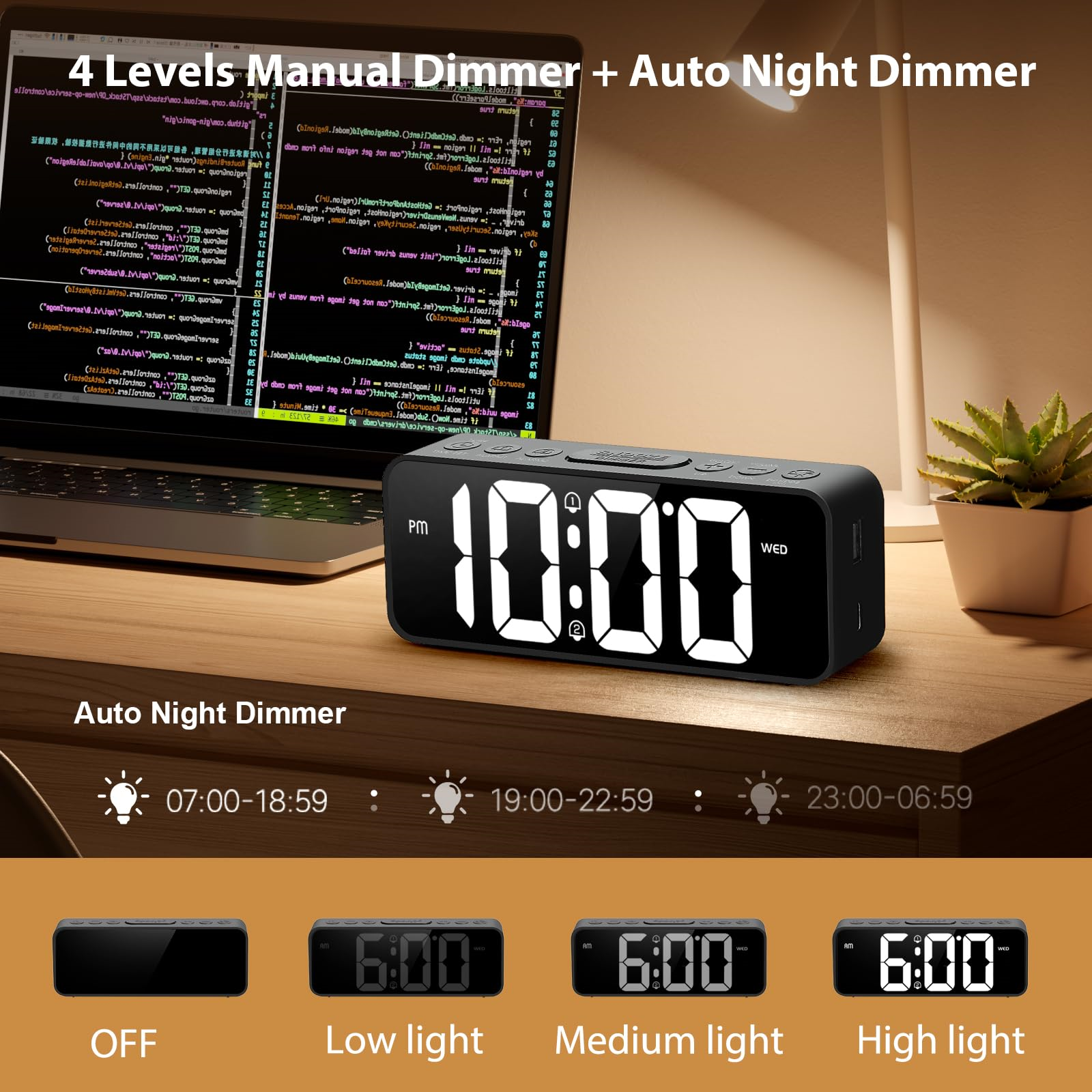Ein schwarzer digitaler Wecker mit 10:00 Uhr. Er hat vier Lichteinstellungen und eine kleine Pflanze.