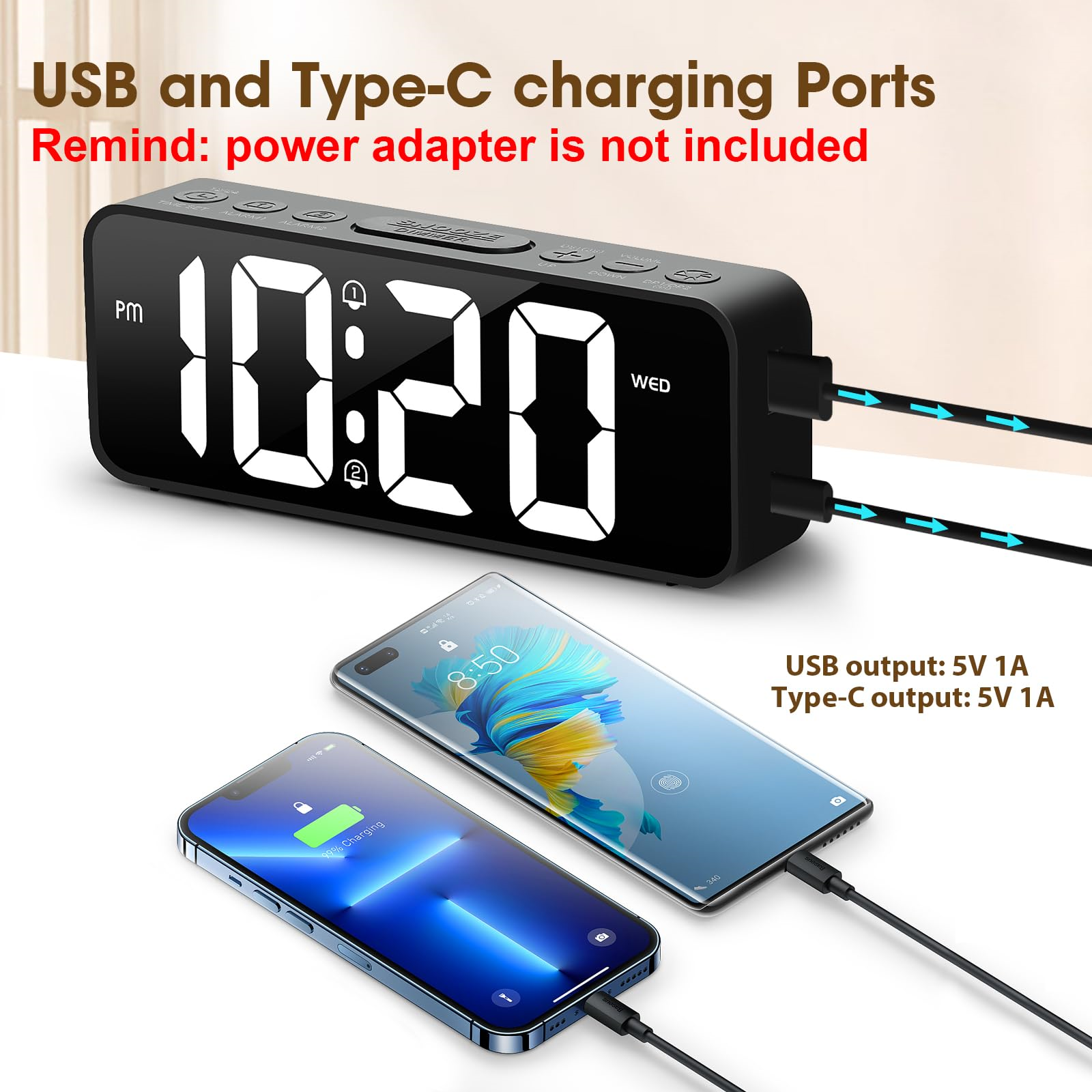 Digitaluhr mit Zeit und Datum, zwei Handys laden über USB- und Typ-C-Anschlüsse.