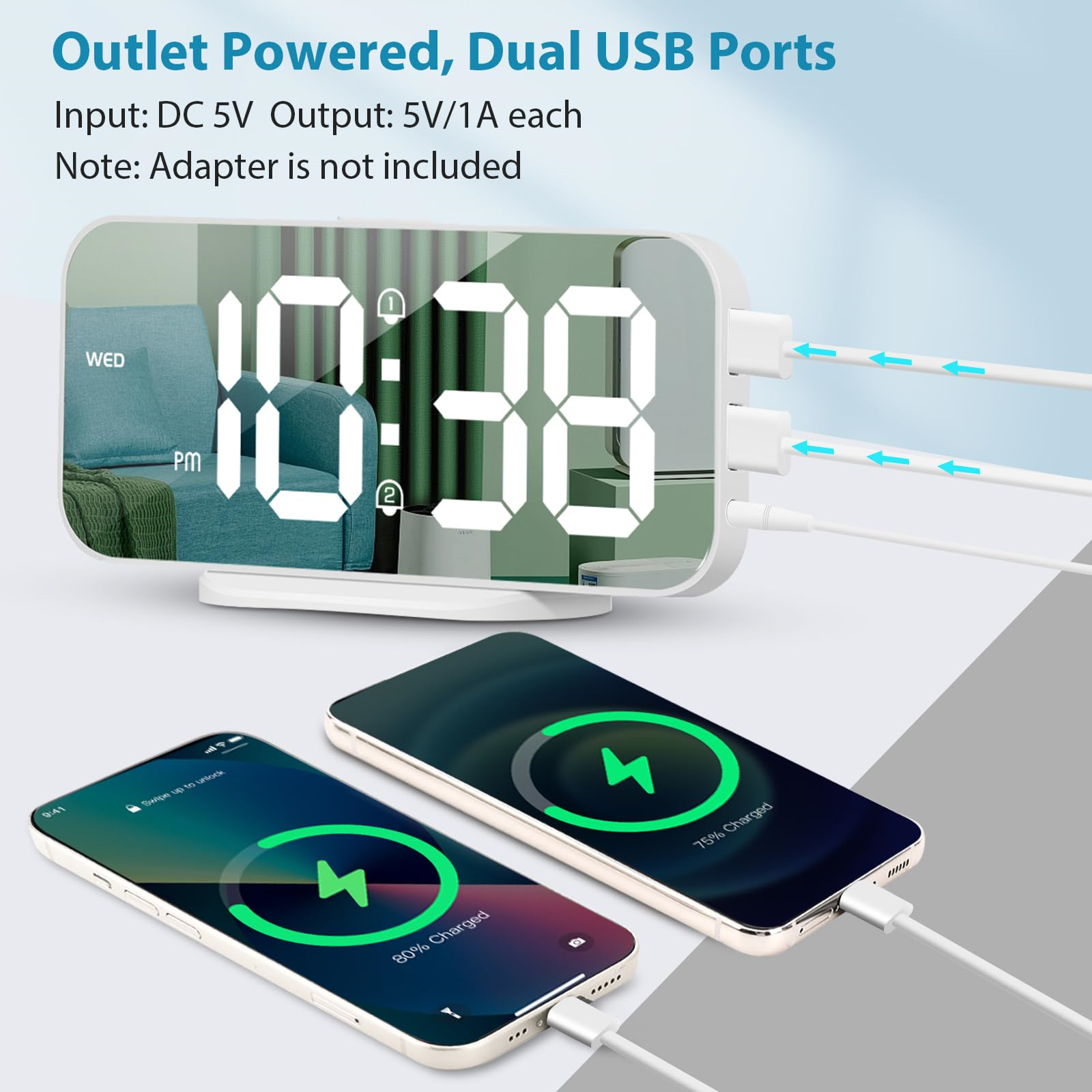Ein digitaler Wecker mit zwei Ladetelefonen wird gezeigt. Die Uhr hat zwei USB-Anschlüsse.