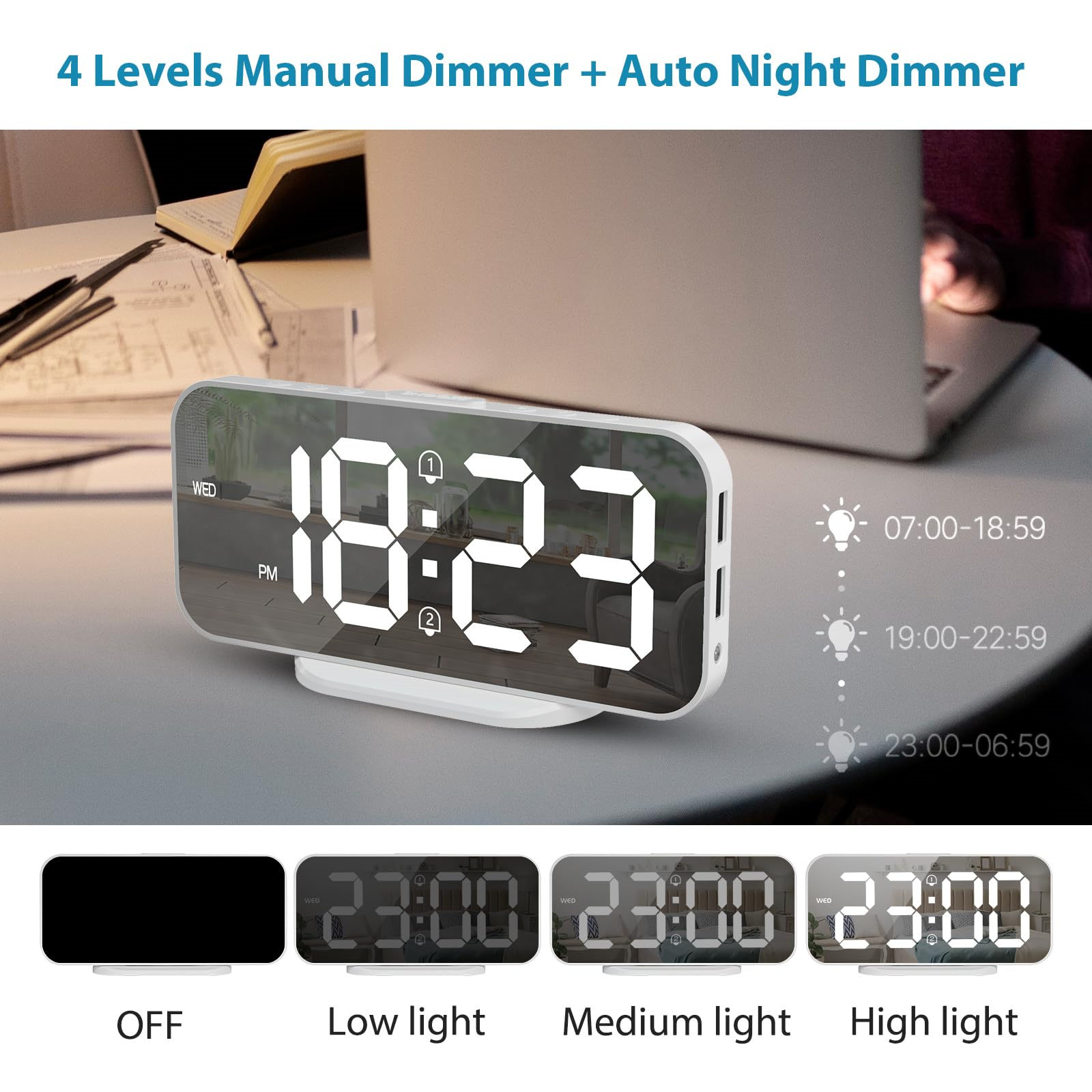Digitaluhr mit verspiegelter Oberfläche, zeigt Zeit, mit Helligkeitsanzeigen und Funktion.
