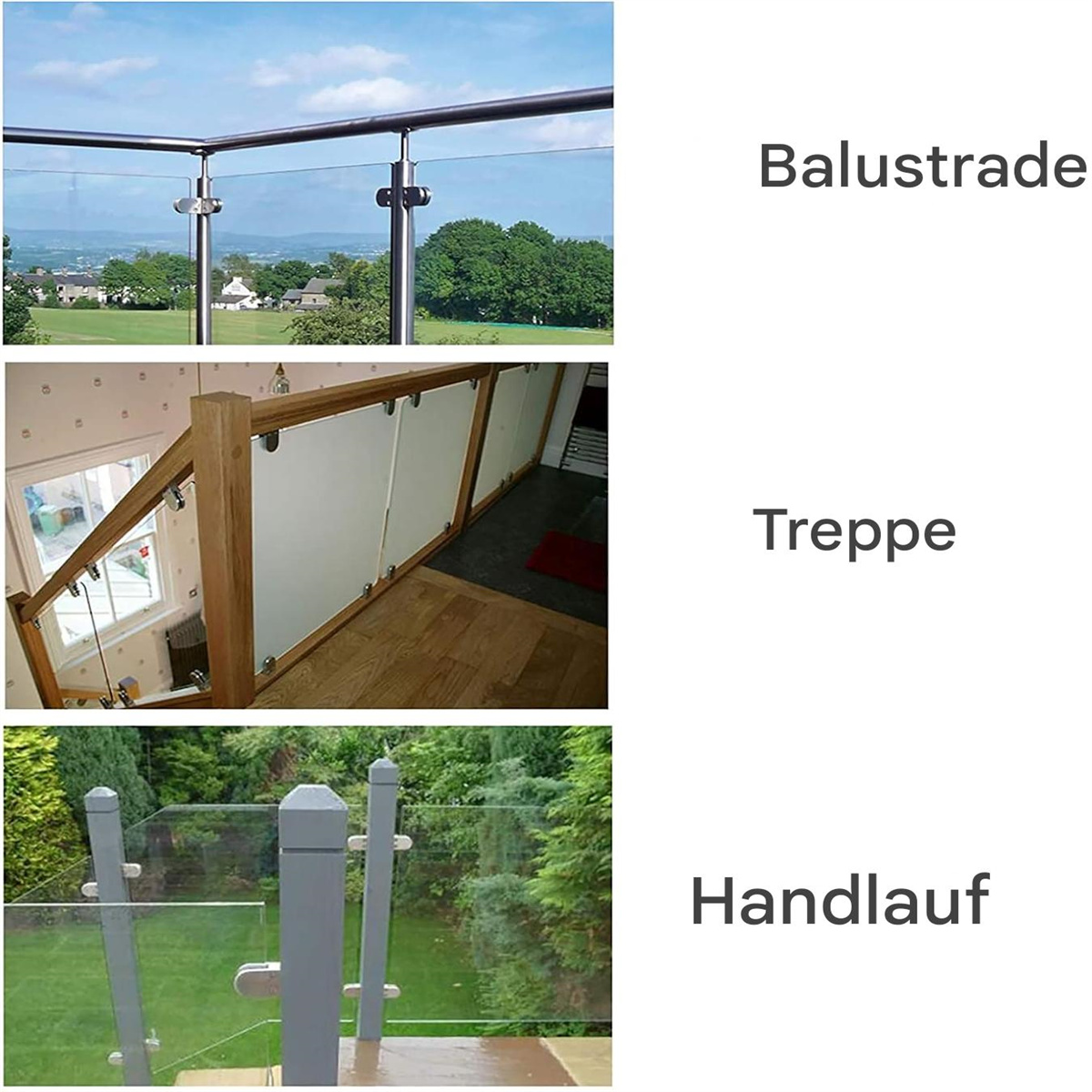 Drei Bilder von Balustrade, Treppe und Handlauf. Jedes zeigt ein anderes Beispiel für Geländer und Handlauf.