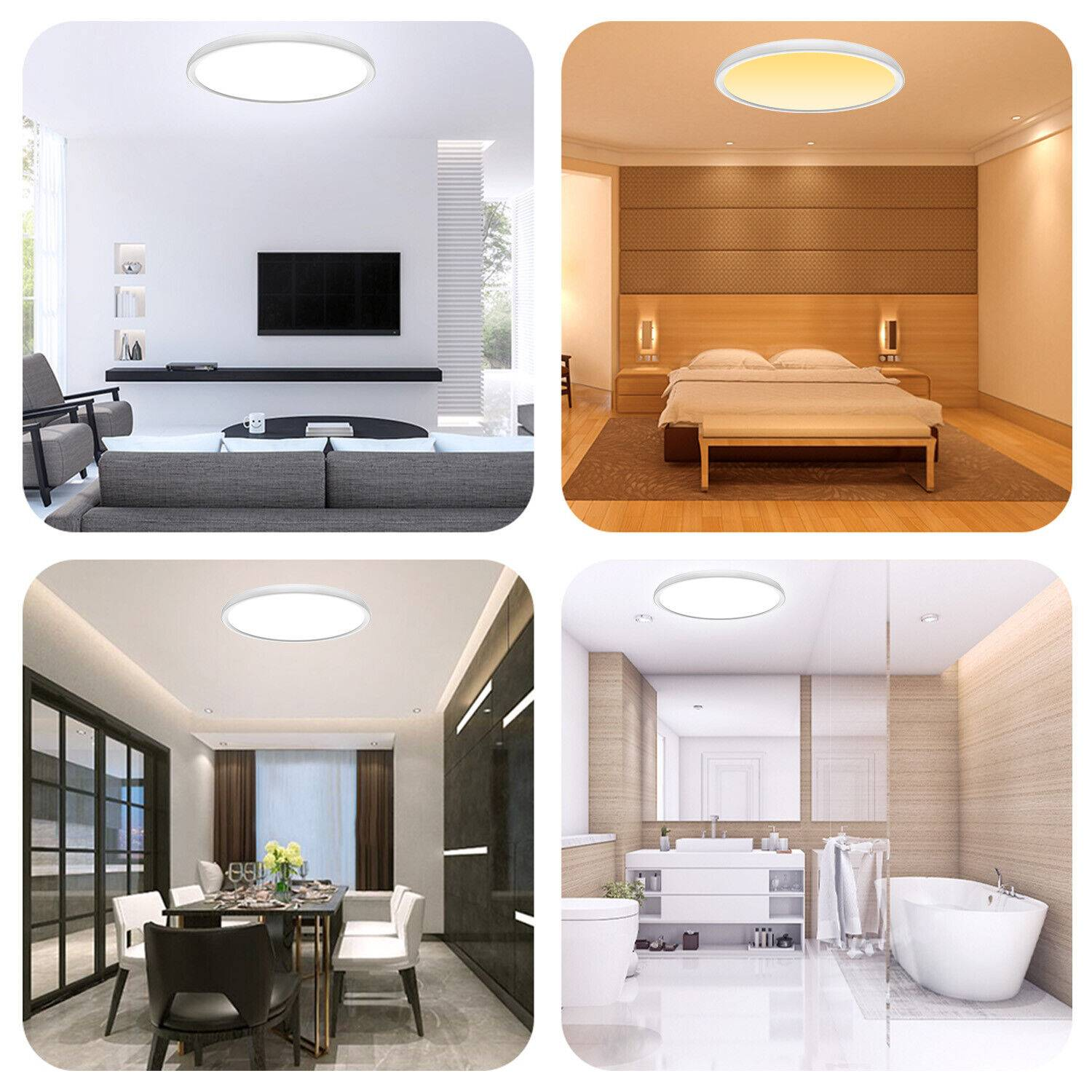 Vier Bilder, die verschiedene Räume mit runden Deckenleuchten zeigen: Wohnzimmer, Schlafzimmer und Badezimmer.