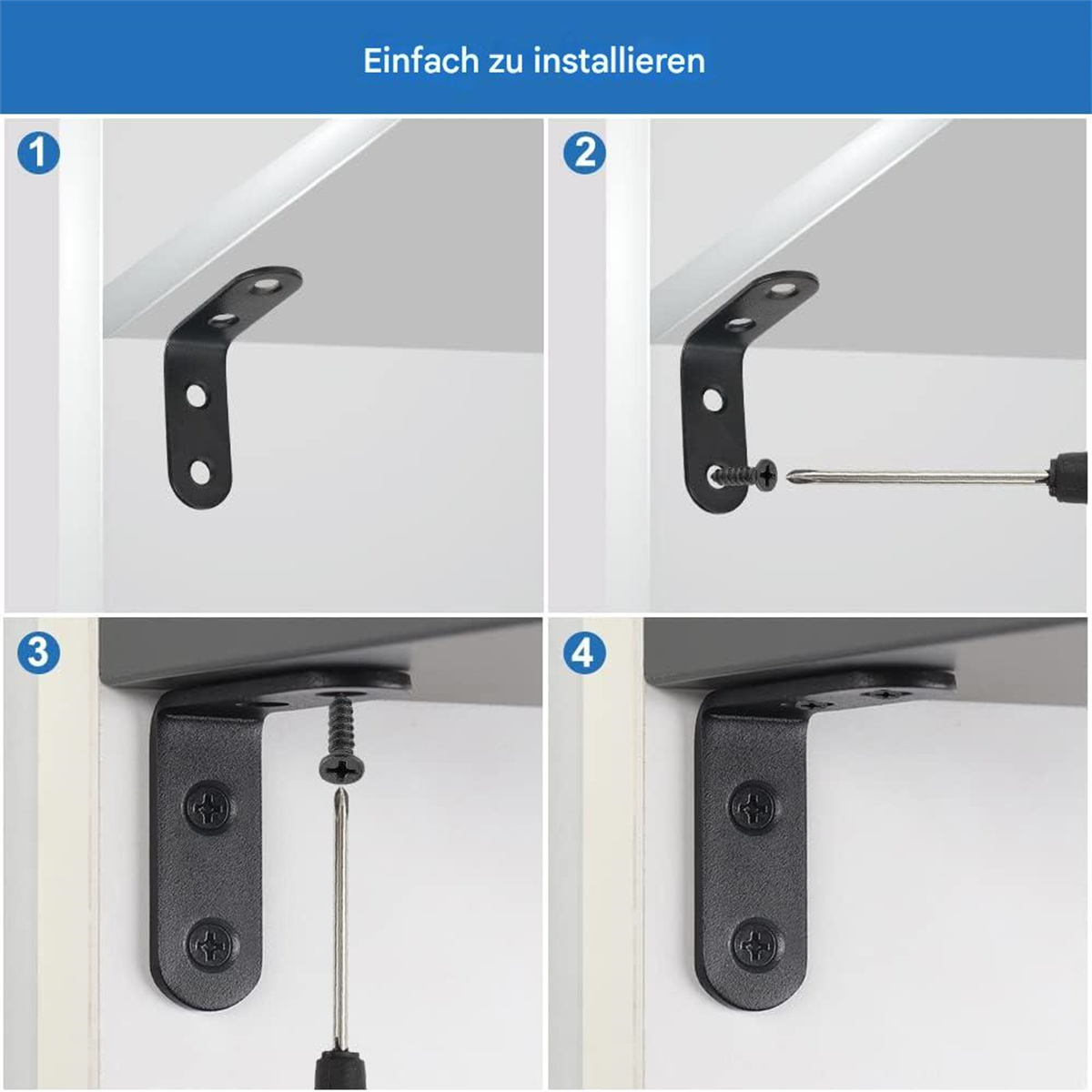 Anleitung zur Installation einer Regalhalterung mit Schrauben und einem Schraubendreher.