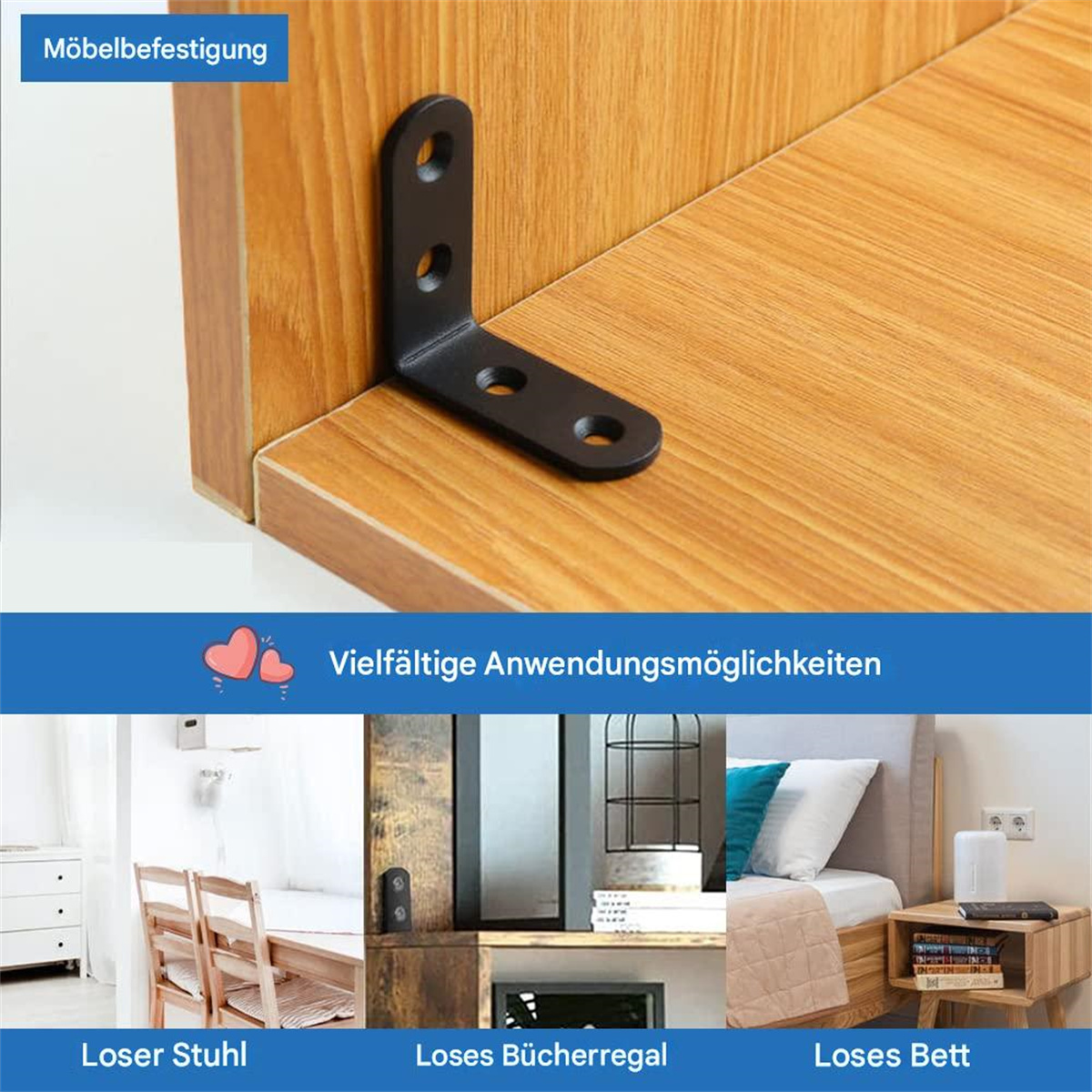 Schwarze Metall-Eckhalterung an Holz befestigt. Beispiele für Verwendungen werden unten angezeigt.