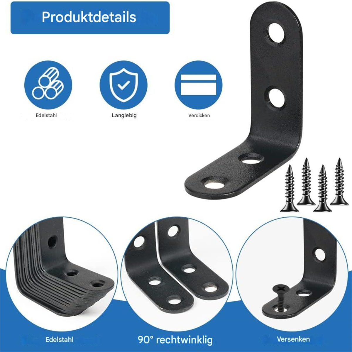 Schwarze Metall-Eckwinkel und Schrauben. Bilder zeigen Haltbarkeit, Edelstahl und Senkmerkmale.