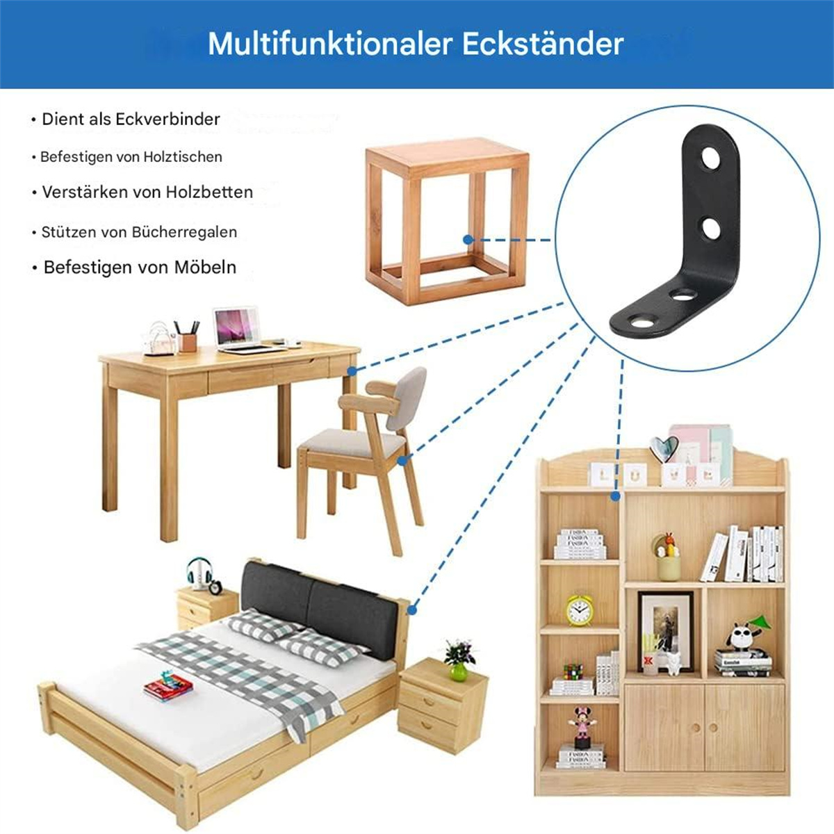 Ein Bild, das verschiedene Möbelstücke und eine Metallecke zeigt, mit zugehörigem Text.