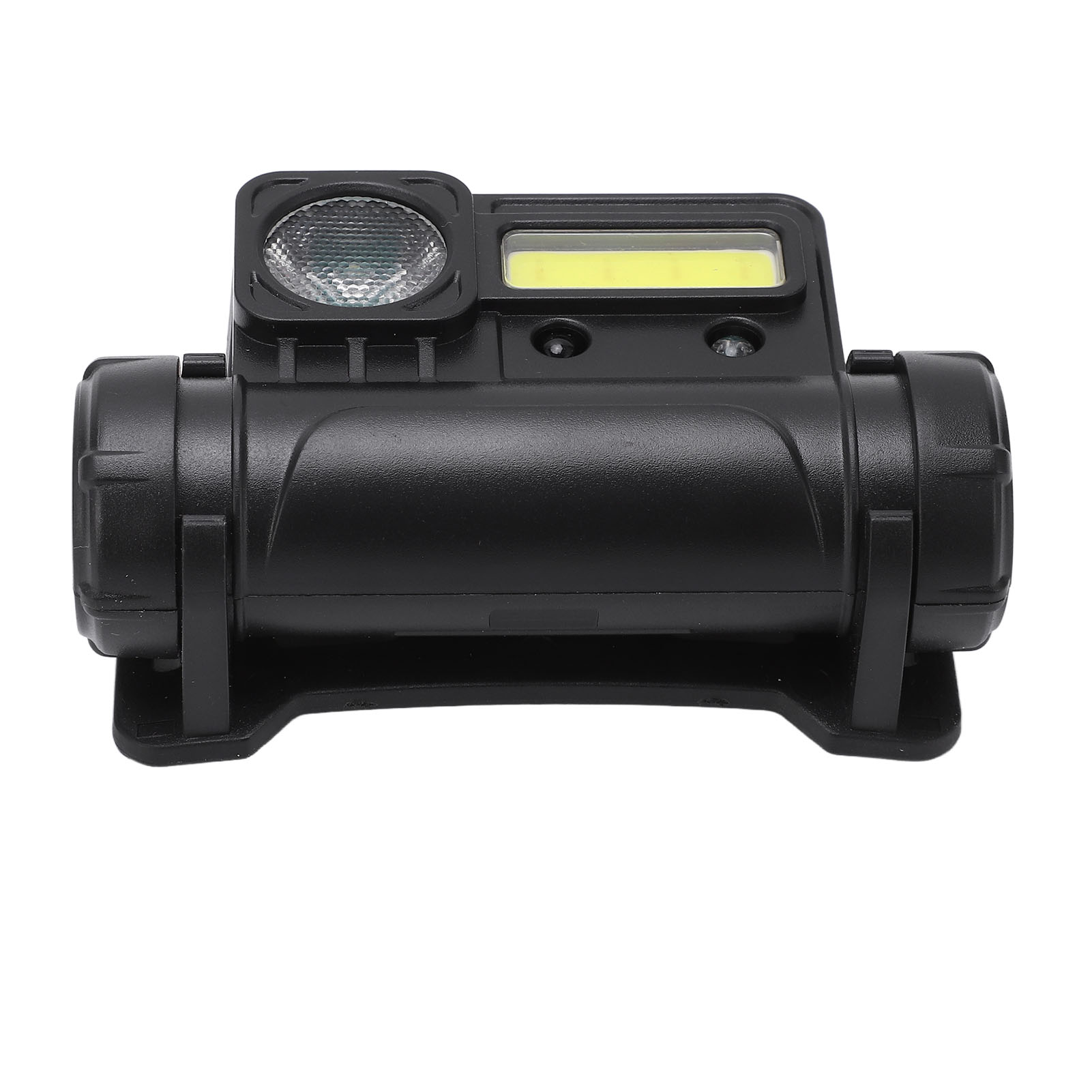 Eine schwarze, rechteckige Stirnlampe mit einem Scheinwerfer und einem rechteckigen Licht. Es hat ein schwarzes Band.