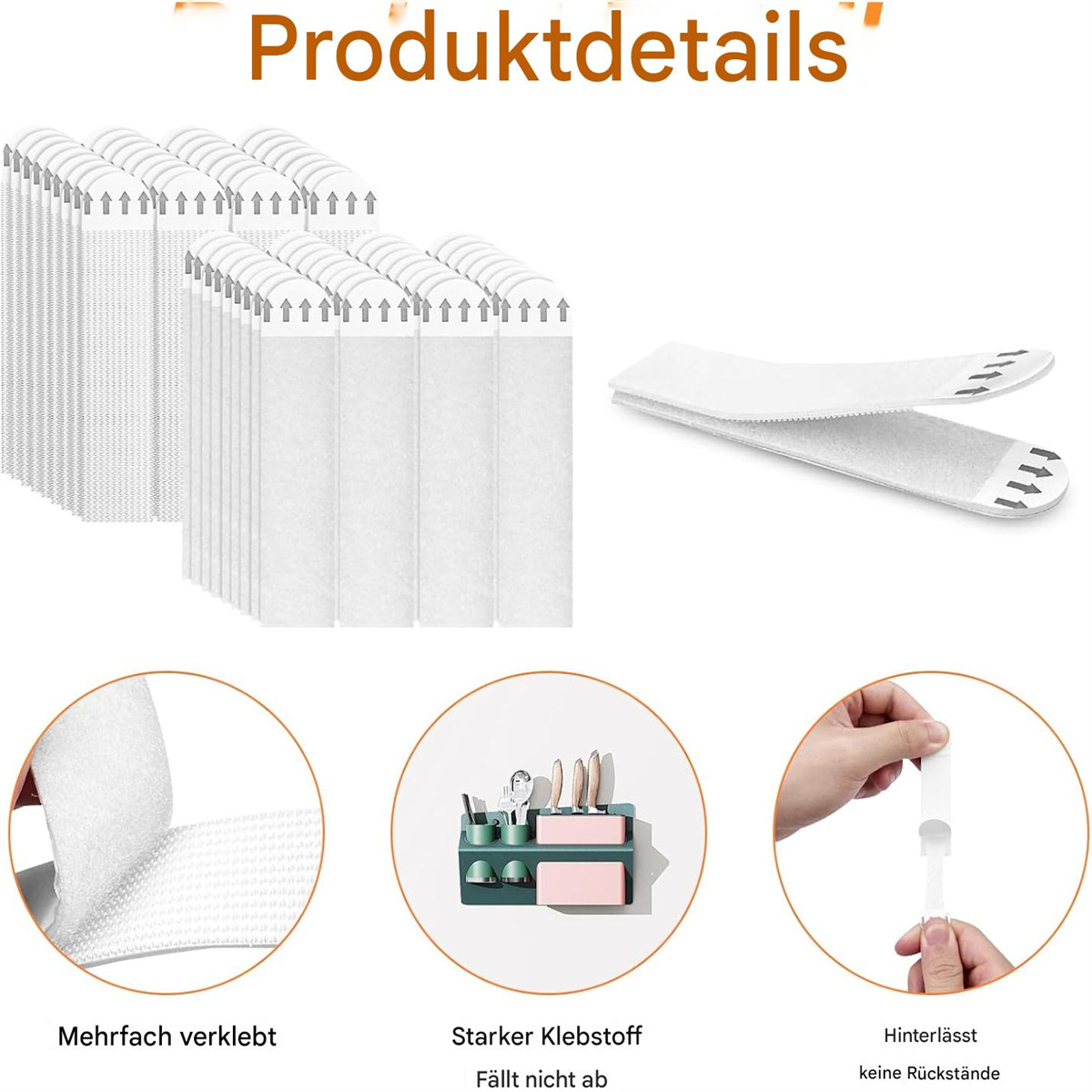 Klebestreifen. Details zeigen: Mehrfach verwendbar, starker Klebstoff, keine Rückstände. Produktdetail-Text oben.
