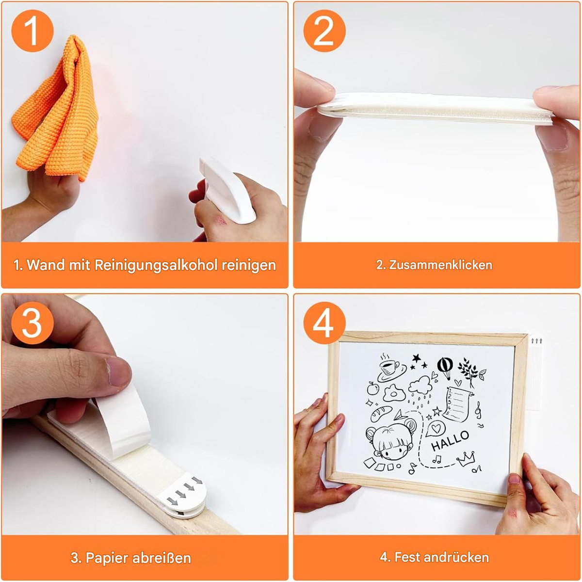 Vier Schritte zum Anbringen einer Whiteboard-Tafel an einer Wand. Beinhaltet Reinigen der Wand, Abziehen des Klebebands und Anbringen der Tafel.