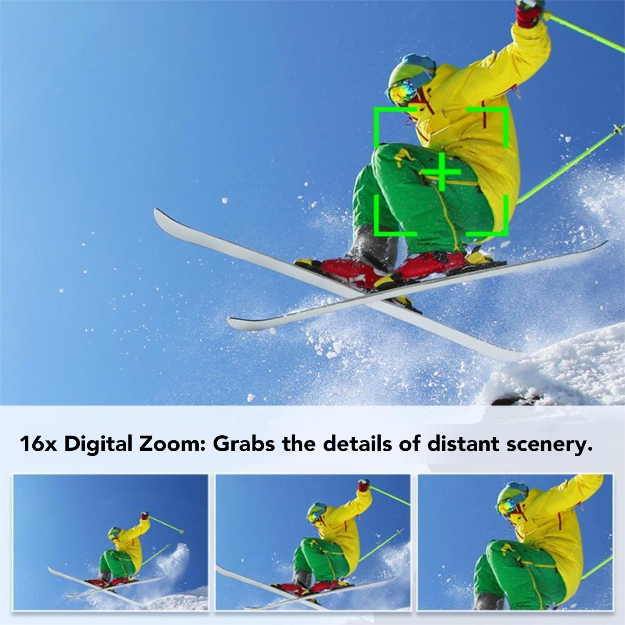 Skifahrer in der Luft mit Skiern. Dynamische Actionaufnahme vor strahlend blauem Himmel. Zusätzliche Zoomaufnahmen vorhanden.