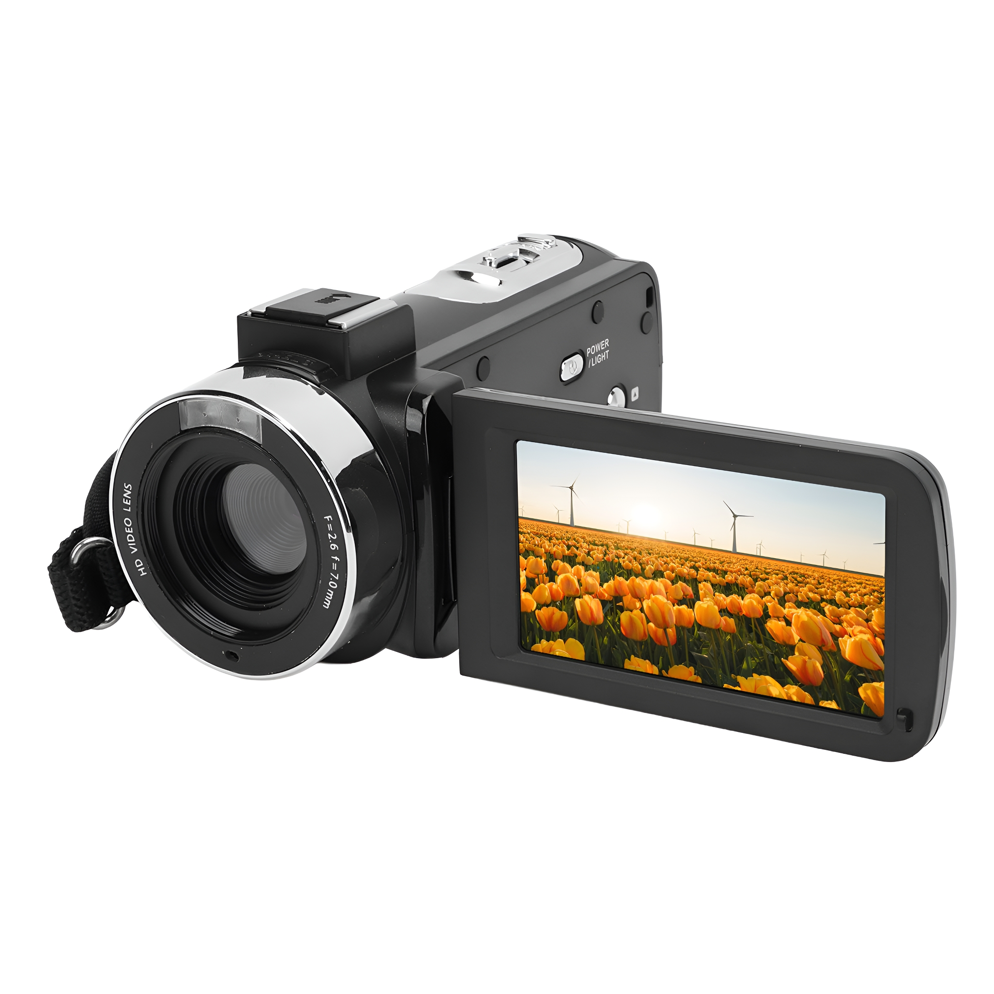 Schwarze Videokamera mit offenem Bildschirm, der ein Feld mit gelben Blumen und Windrädern zeigt.