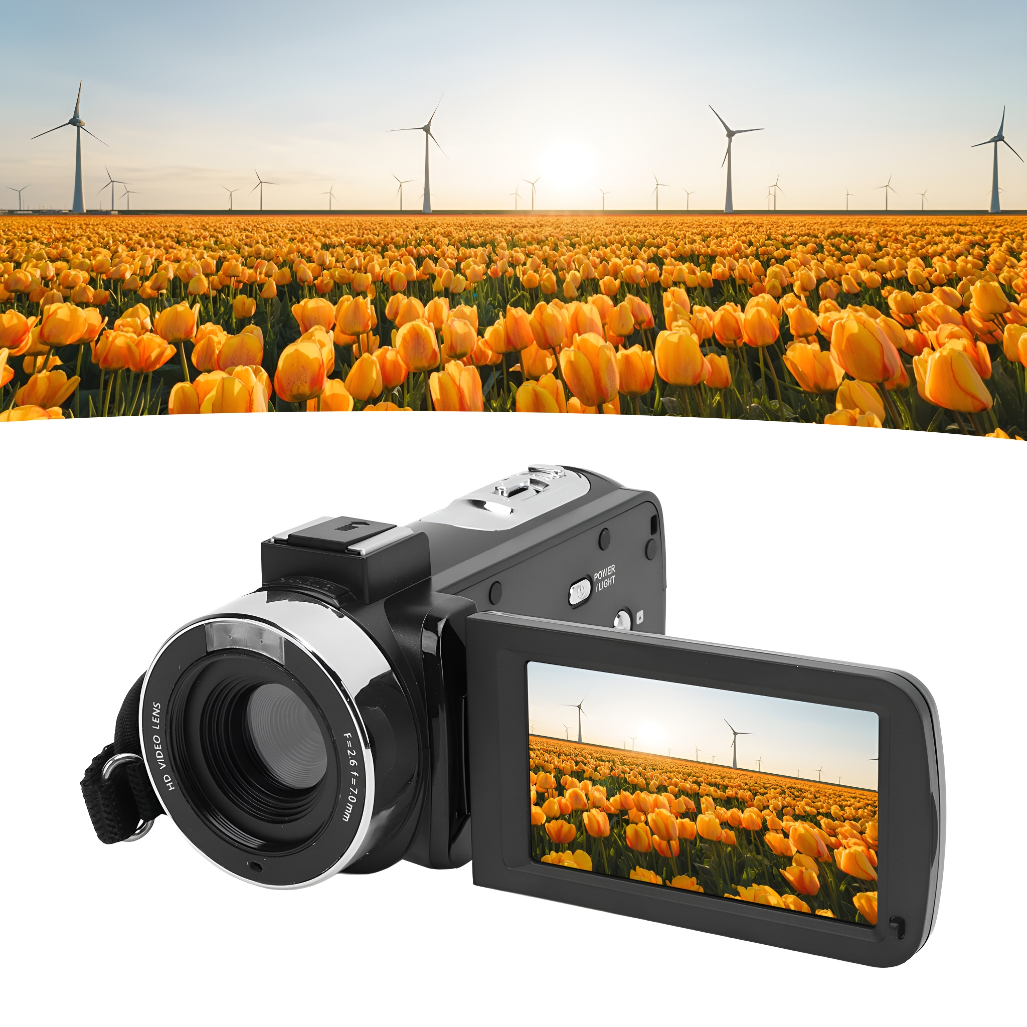 Eine schwarze Videokamera, die ein Feld gelber Blumen und Windmühlen im Hintergrund zeigt.