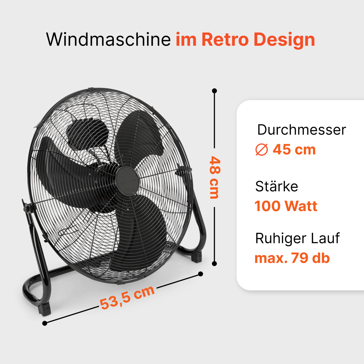 Czarny wentylator retro z zakrzywioną podstawą. Specyfikacje: średnica, moc, decybele.