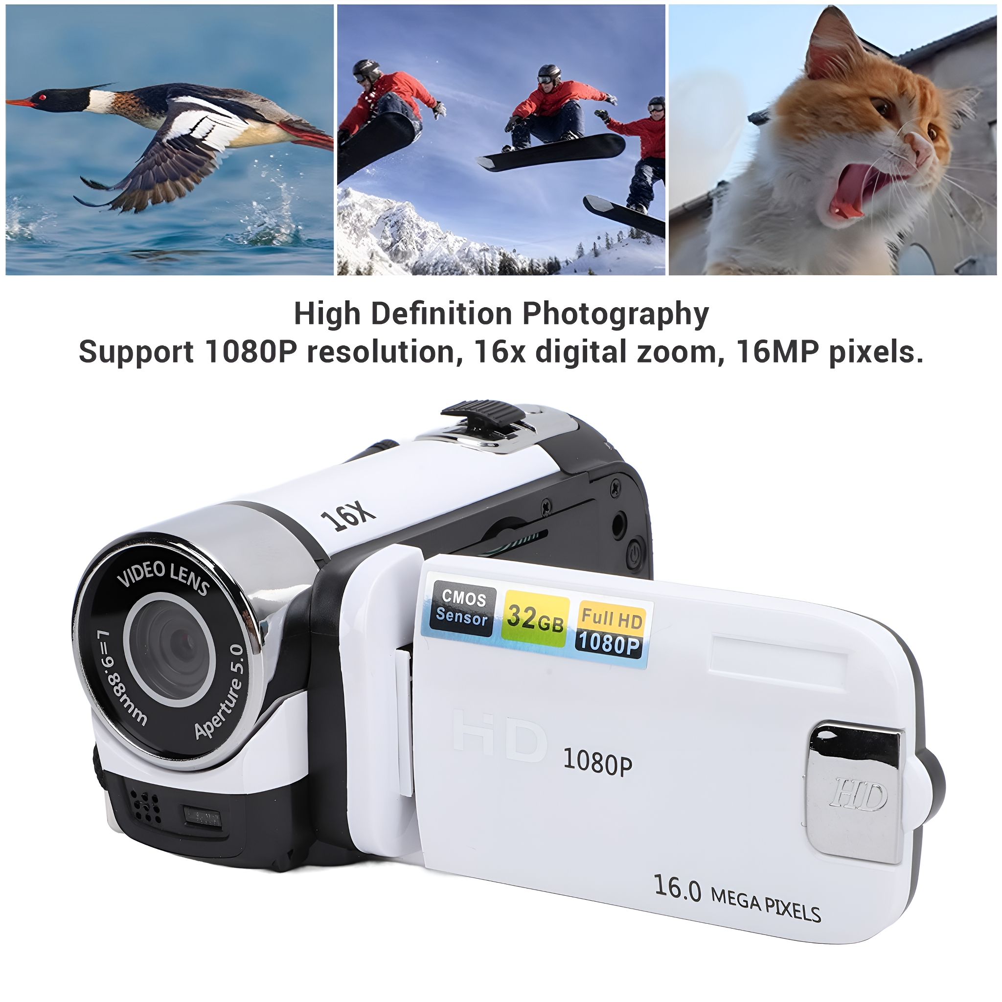 Digitalkamera mit Bildern von Vögeln, Snowboardern und einer Katze.