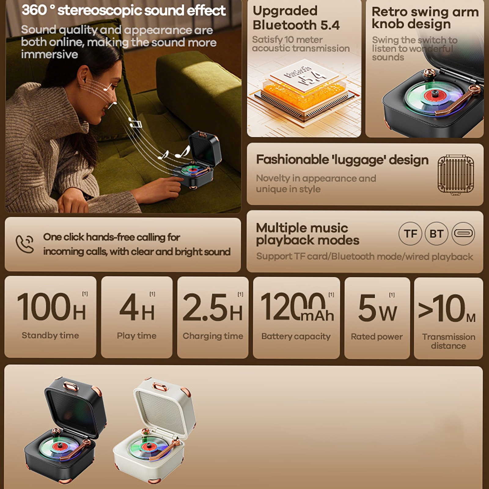 Frau benutzt einen Retro-Musikplayer. Merkmale: Bluetooth, mehrere Wiedergabemodi, Freisprechen und ein stilvolles Design.