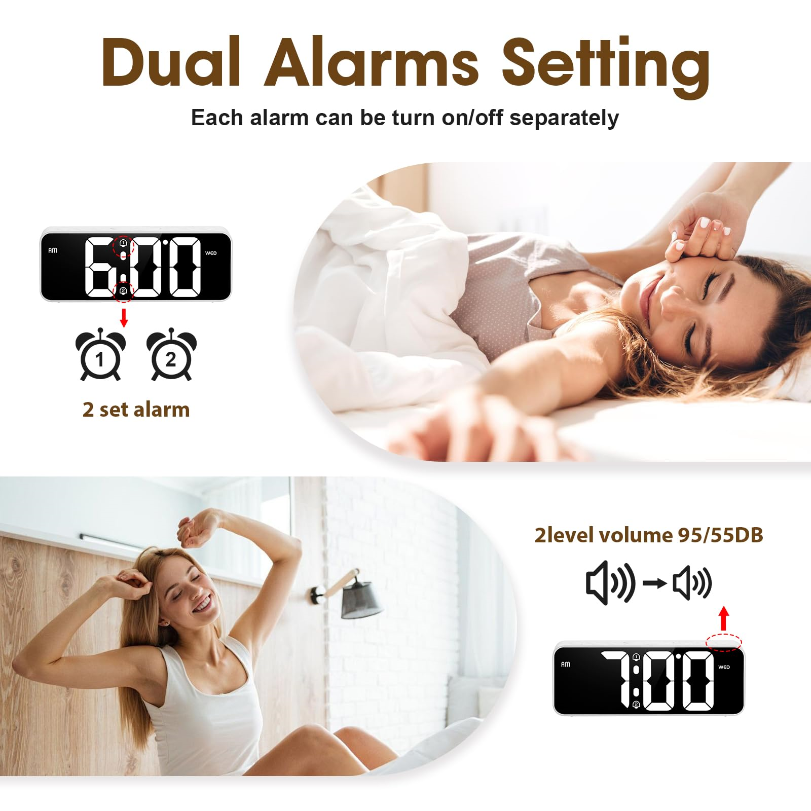 Eine Frau stellt Wecker auf einer Digitaluhr im Bett ein. Wecker unten rechts.