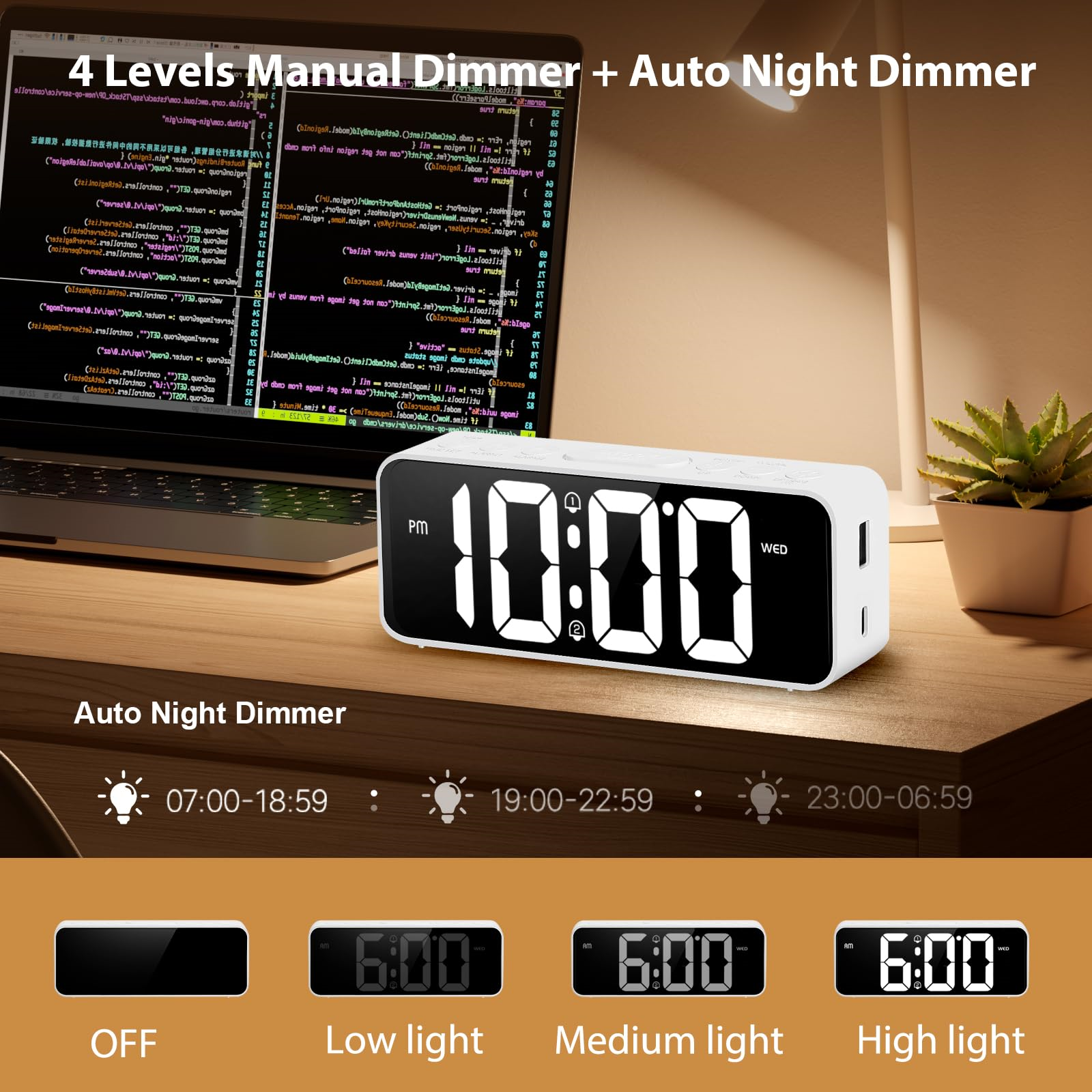 Weiße Digitaluhr mit großem Display, Einstellungen und Modi auf dem Schreibtisch. Code im Hintergrund.