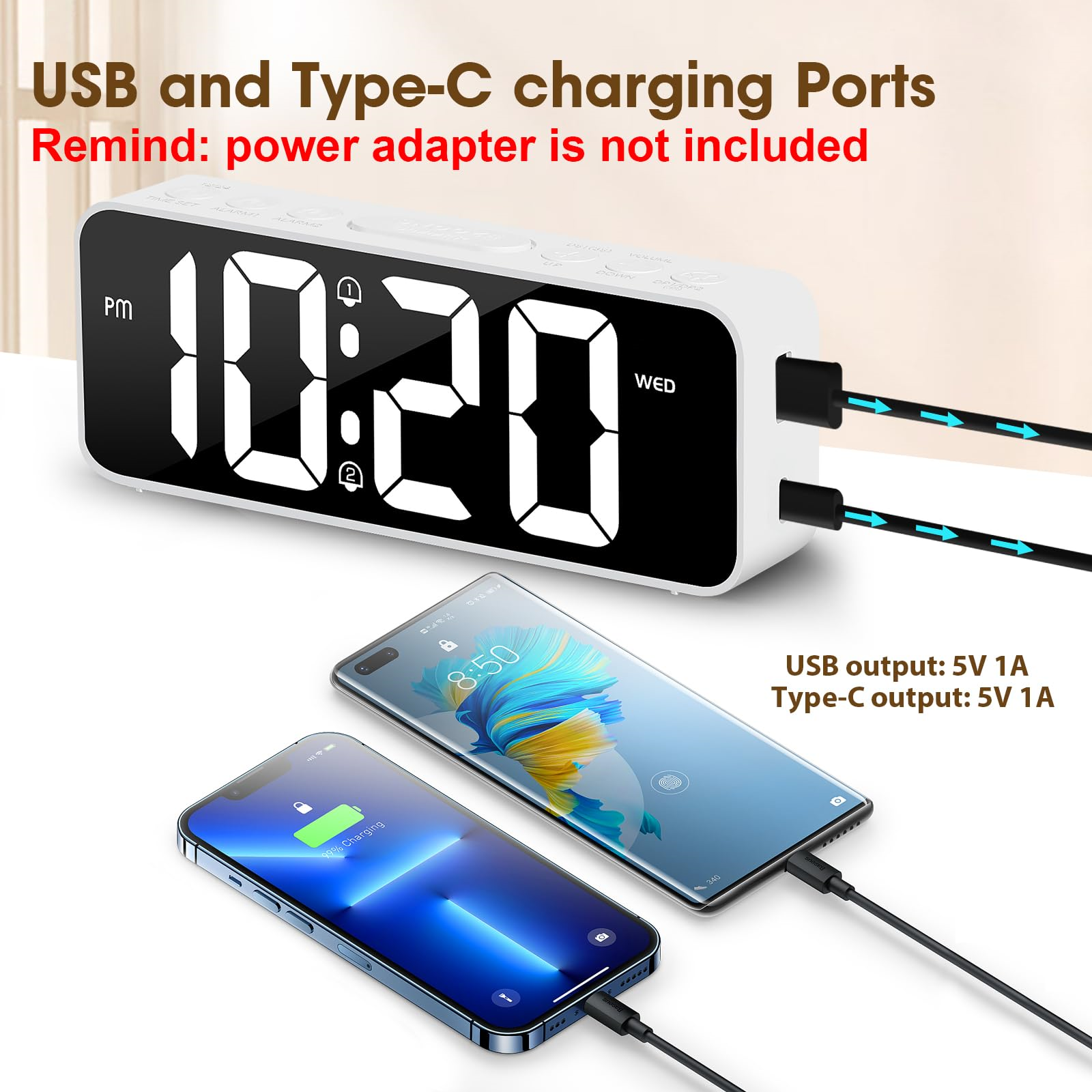 Digitaler Wecker mit weißem Gehäuse. Ein Telefon lädt über den USB-Anschluss. Die Zeit ist 22:20.