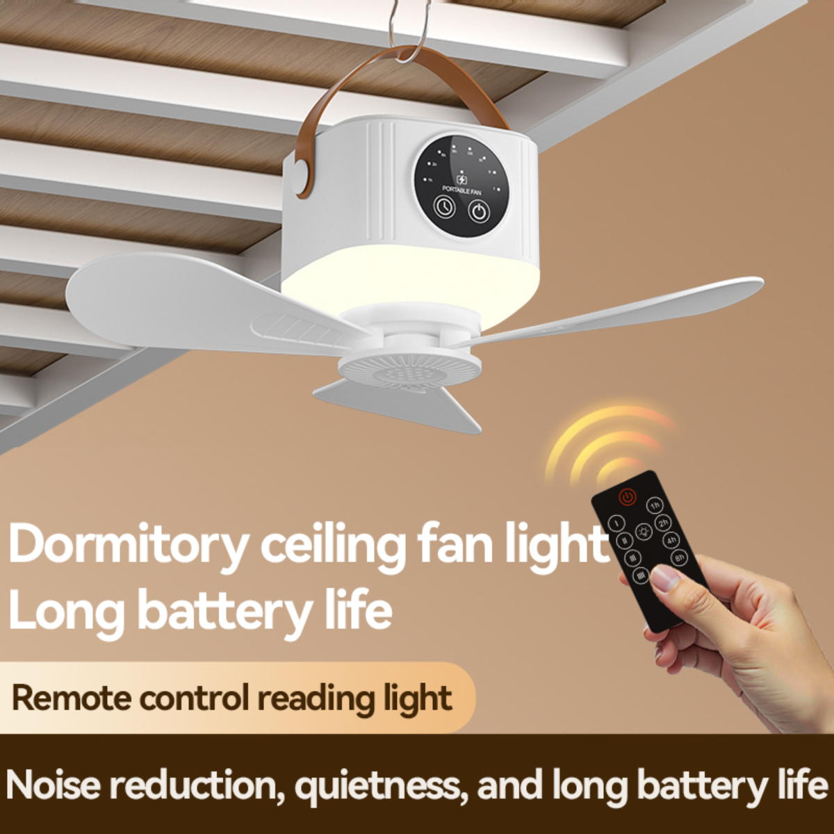 Ein weißer Deckenventilator mit Fernbedienung, der unter einer weißen Oberfläche hängt.