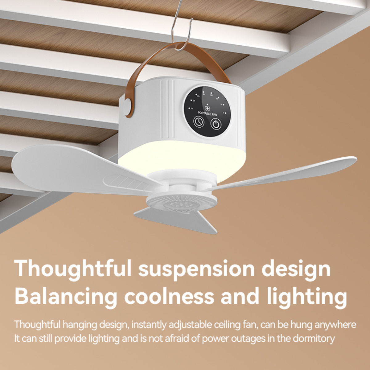 Ein weißer tragbarer Ventilator, mit zwei Flügeln, hängt von einer Decke. Er hat Lichter und Bedienelemente.