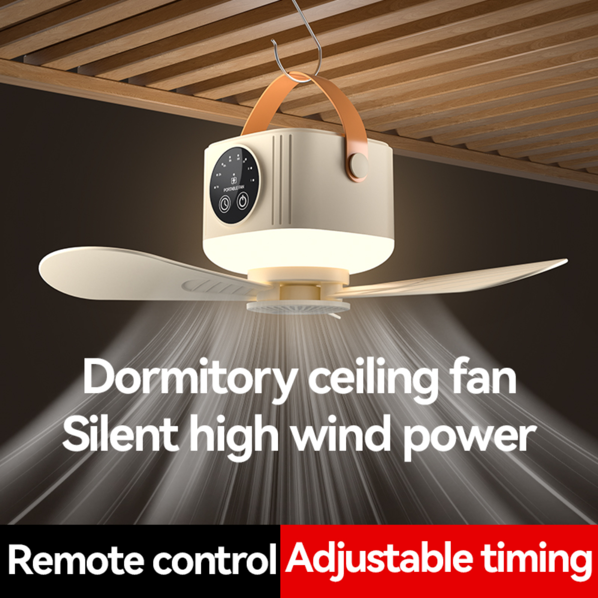 Deckenventilator, beige und weiß, mit Flügeln, hängt von Holz, mit Text.