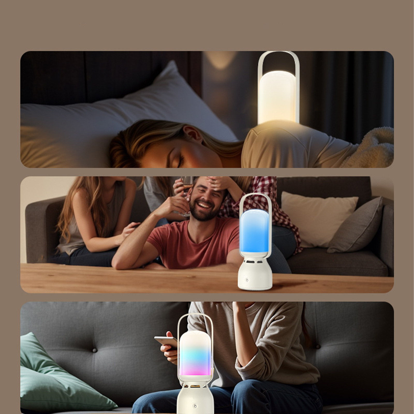 Personen, die eine weiße Lampe mit Griff benutzen, die die Farben wechselt. Szenen: schlafen, reden, halten.