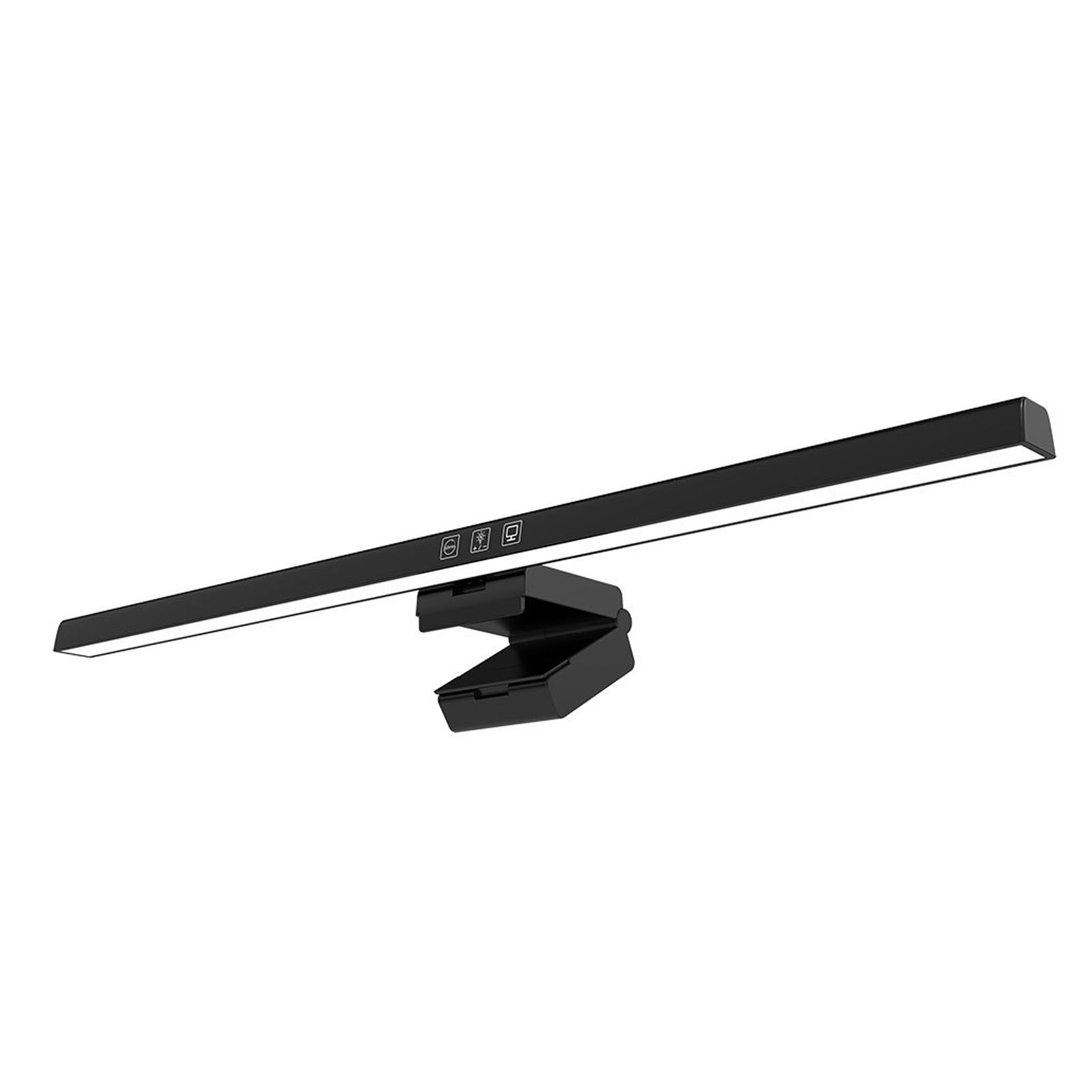Schwarzes Monitorlicht mit Knöpfen und Clip, auf weißem Hintergrund.