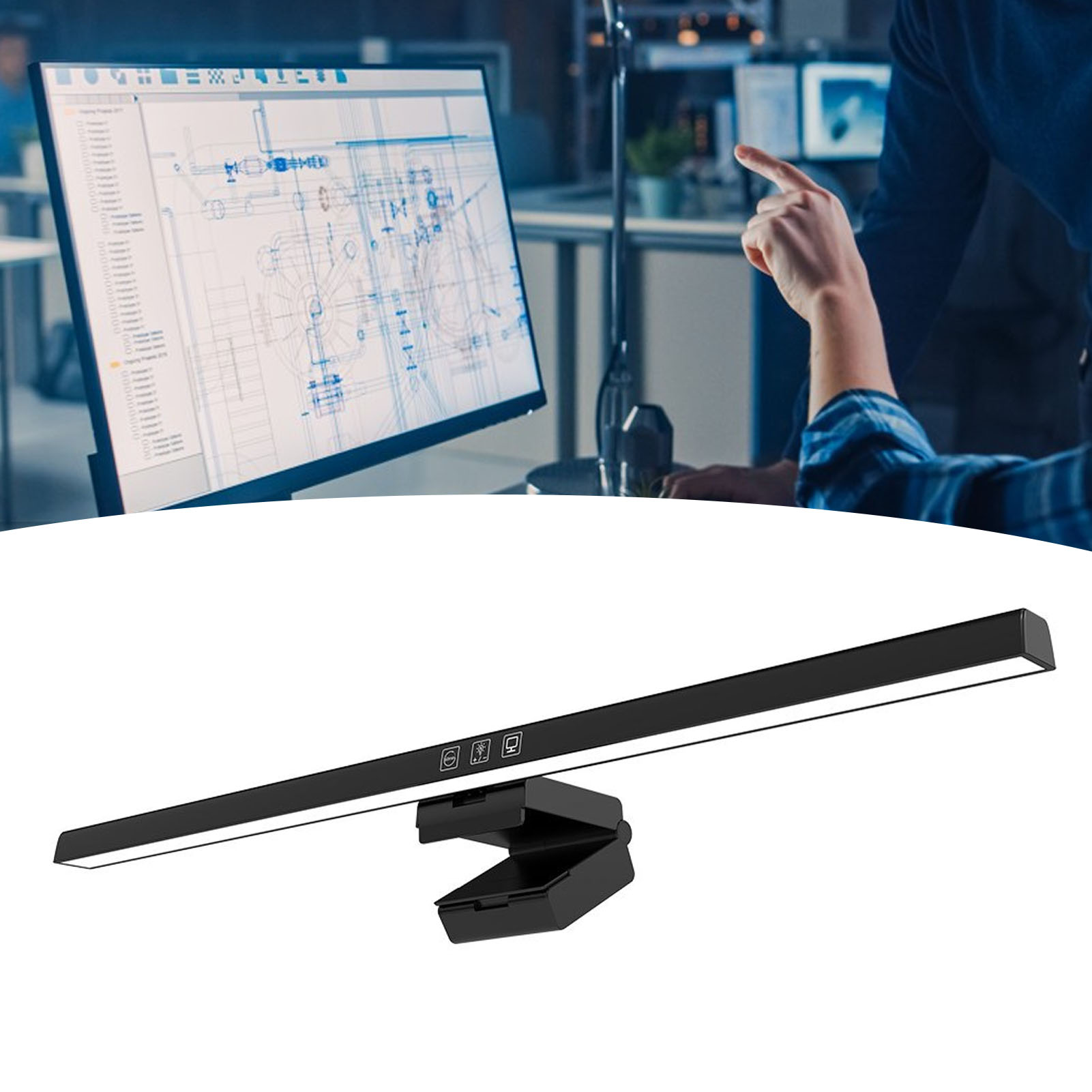 Schwarze LED-Schreibtischlampe mit Bedienelementen, an einem Schreibtisch montiert.